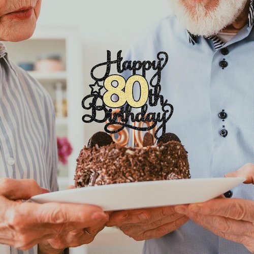 Happy 80th Birthday Cake Topper by [Brand Name] - Black Gold Glitter Decoration for 80th Anniversary Celebration