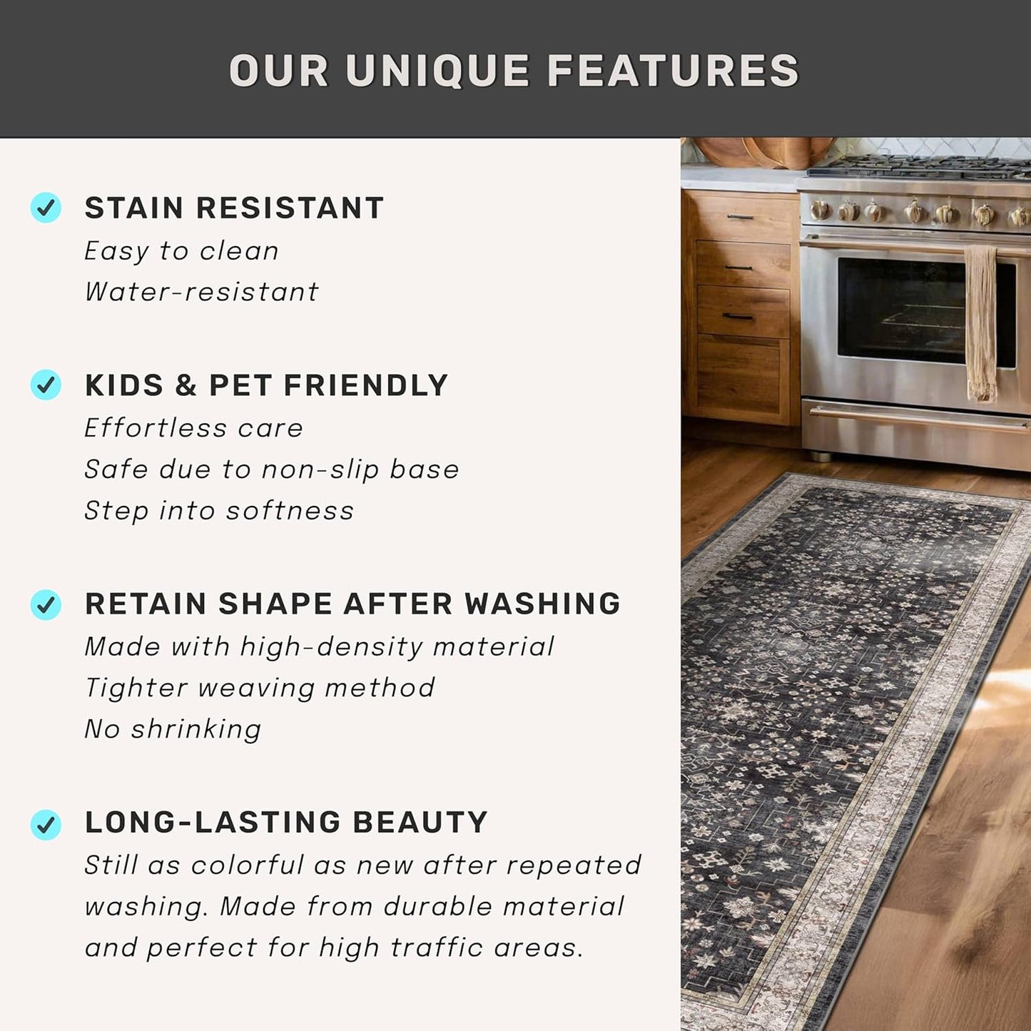 Skiennix Large Black Boho Kitchen Runner Rug - Washable, Non-Slip, Stain & Fade Resistant | Vintage Floral Design, 3x6 ft