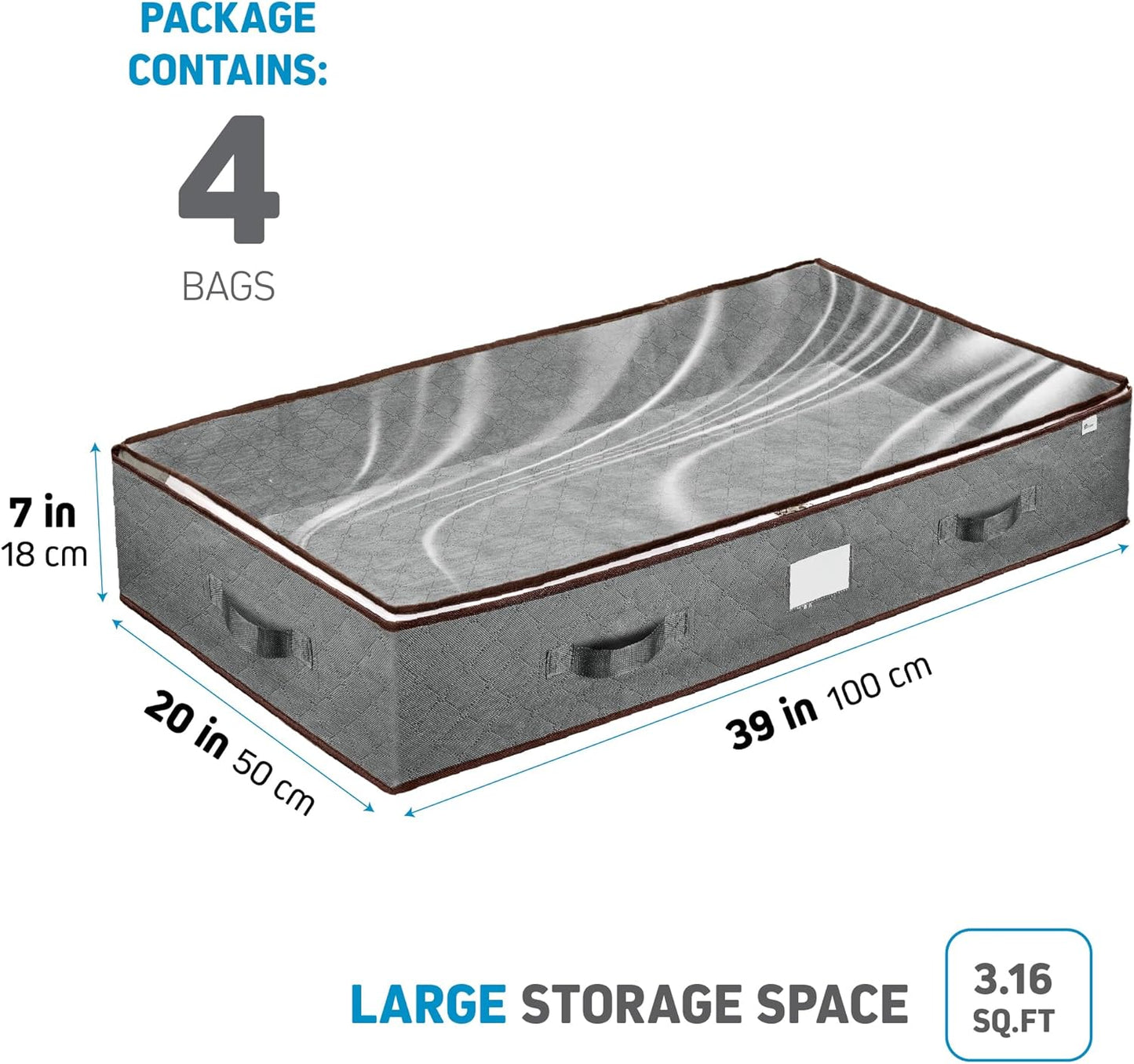 Under Bed Storage Bins - Pack of 4 Durable Containers for Clothes & Shoes | Clear Top with Dual Zippers