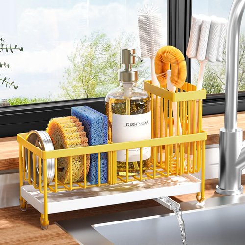 Cisily Sponge Holder for Kitchen Sink, Sink Caddy Organizer with High Brush Holder, Kitchen Countertop Organizers, 304 Stainless Steel, Lemon Yellow Kitchen Decor and Accessories