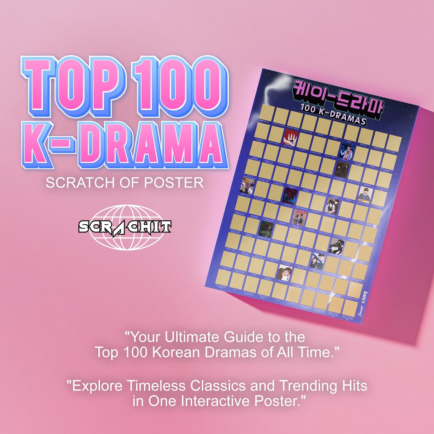 scrachit Top 100 Korean Drama Scratch Off Poster of All Time - K Drama Challenge Bucketlist - Perfect Korean Gifts for Kpop Lovers - 23" x 17"