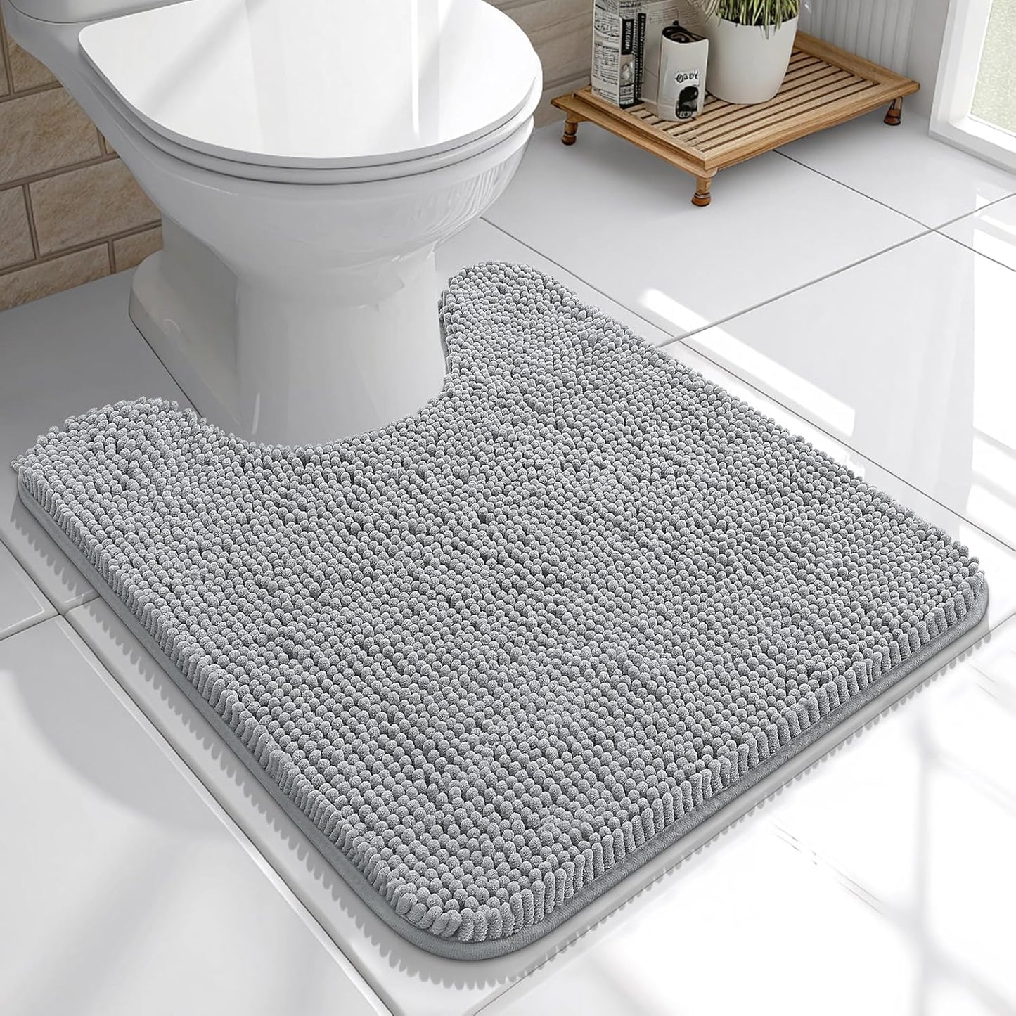OLANLY U-Shaped Toilet Rugs - Extra Soft Chenille Bath Mat, Quick-Dry & Non-Slip | Light Grey, 20x20