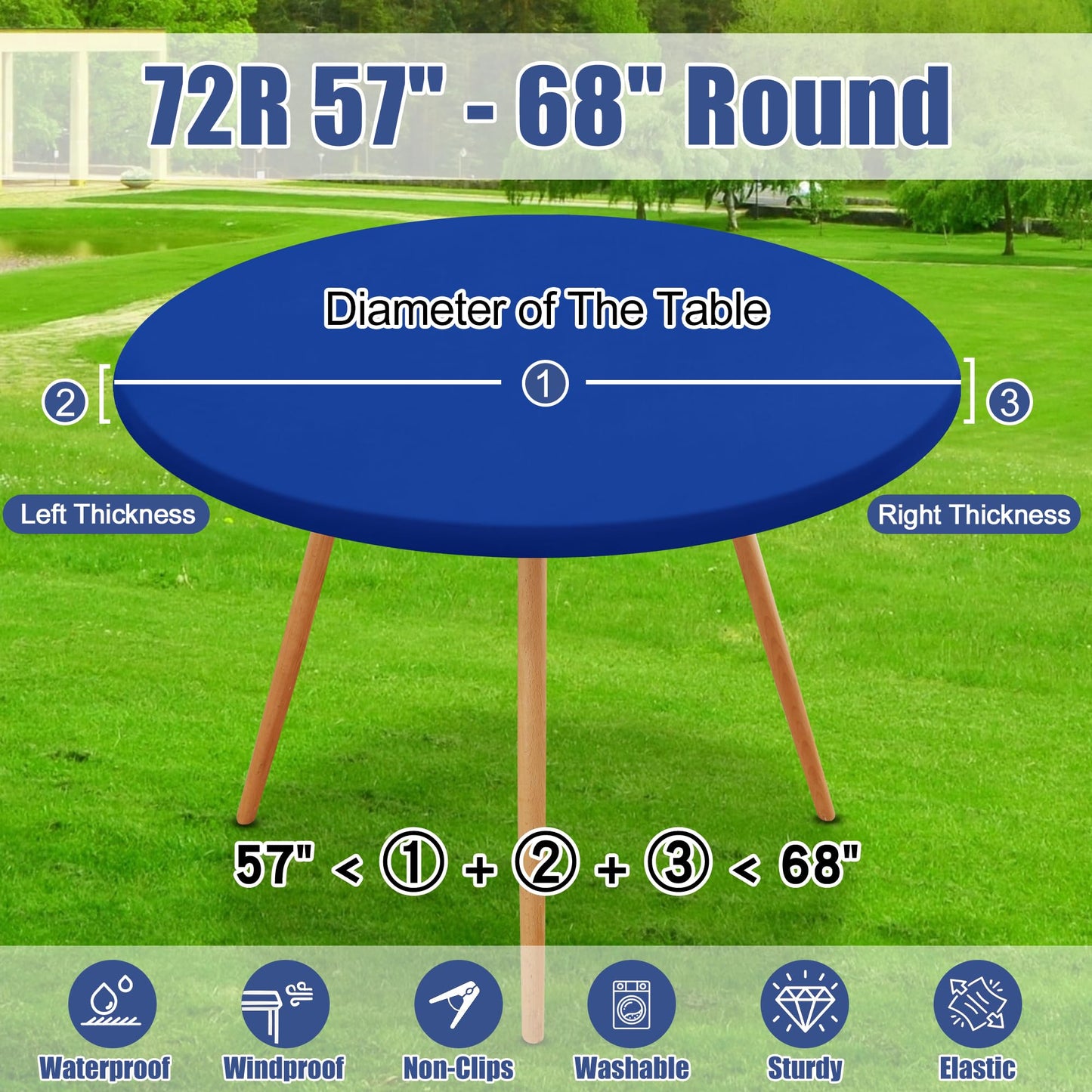 Moosfor Round Spandex Tablecloth, Elastic Fitted Waterproof Tablecloths for 57"-68" Tables, Stretch Washable Picnic Table Cover for Camping, Dining, Indoor and Outdoor, Blue
