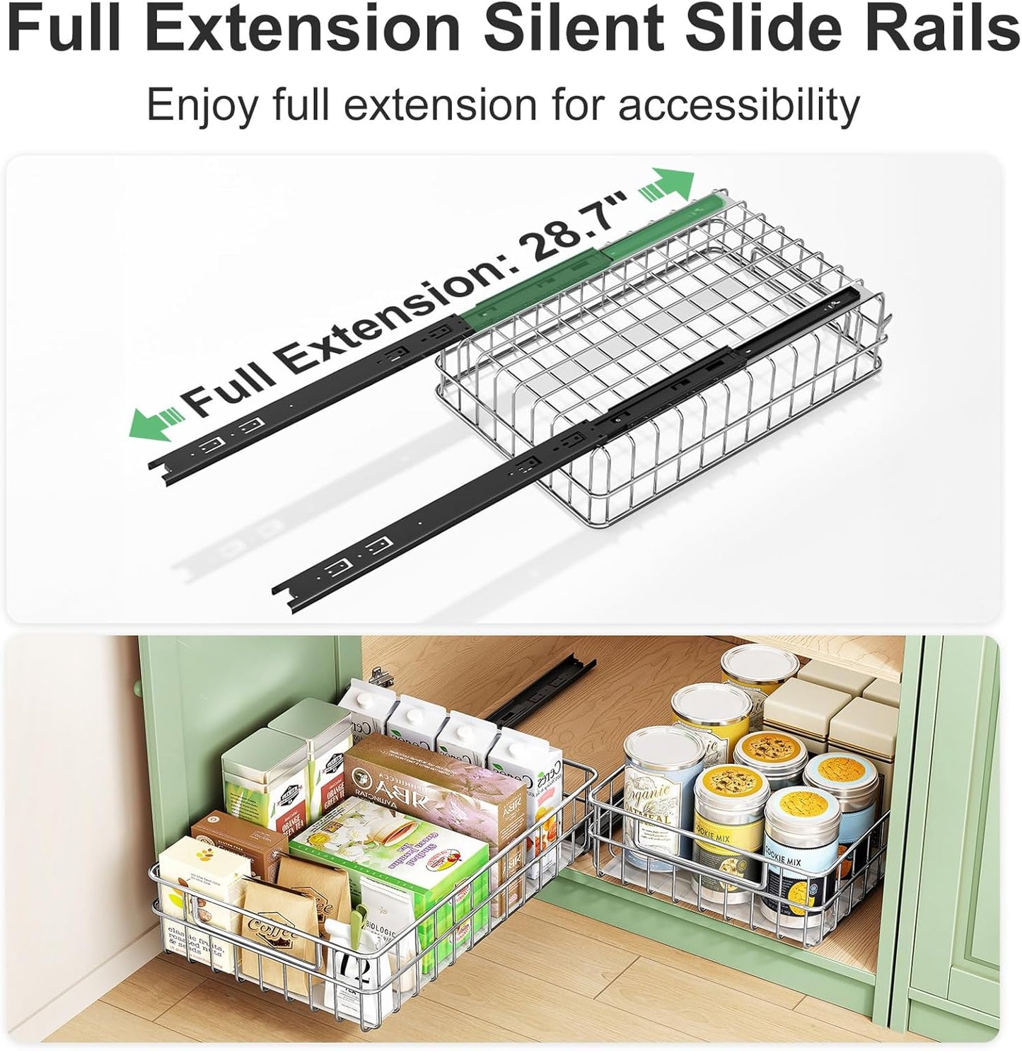 Skiennix Pull-Out Cabinet Organizer - Stainless Steel 4-Pack Drawer with Silent Slides | Spice Storage Rack for Kitchen & Pantry