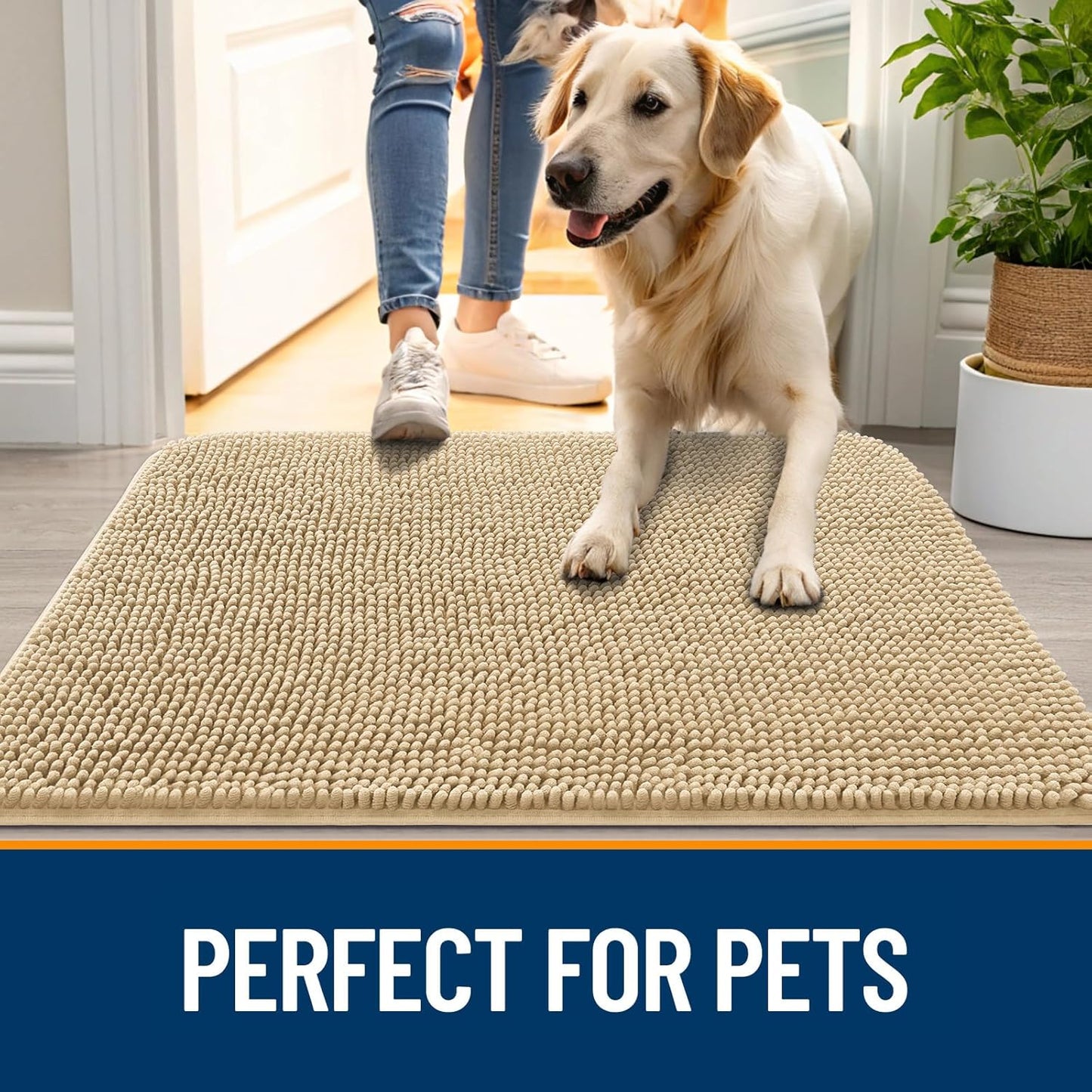 OLANLY Dog Door Mat - Absorbent Non-Slip Chenille Mat for Muddy Paws | 70x35, Quick Dry, Beige