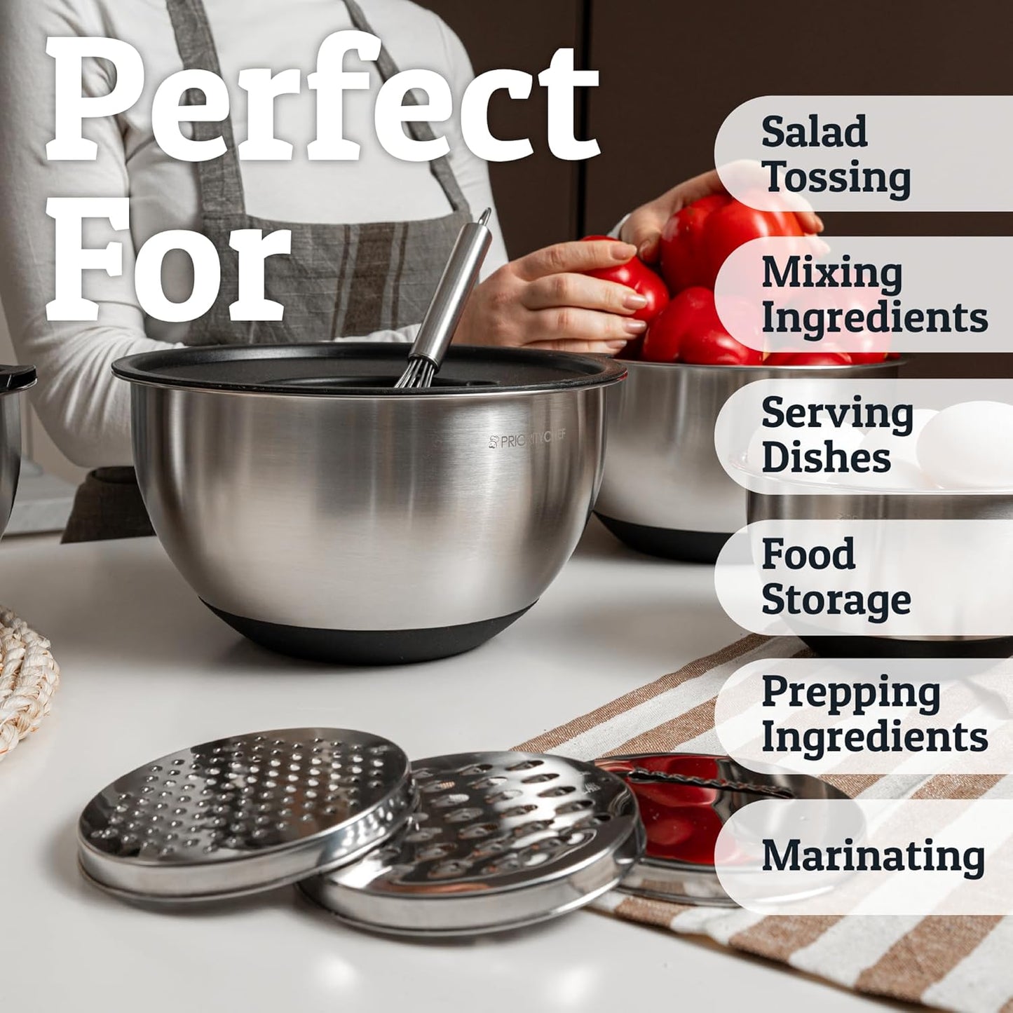Priority Chef Stainless Steel Mixing Bowls Set - Airtight Lids & Non-Slip Base | 3 Grater Attachments, Black