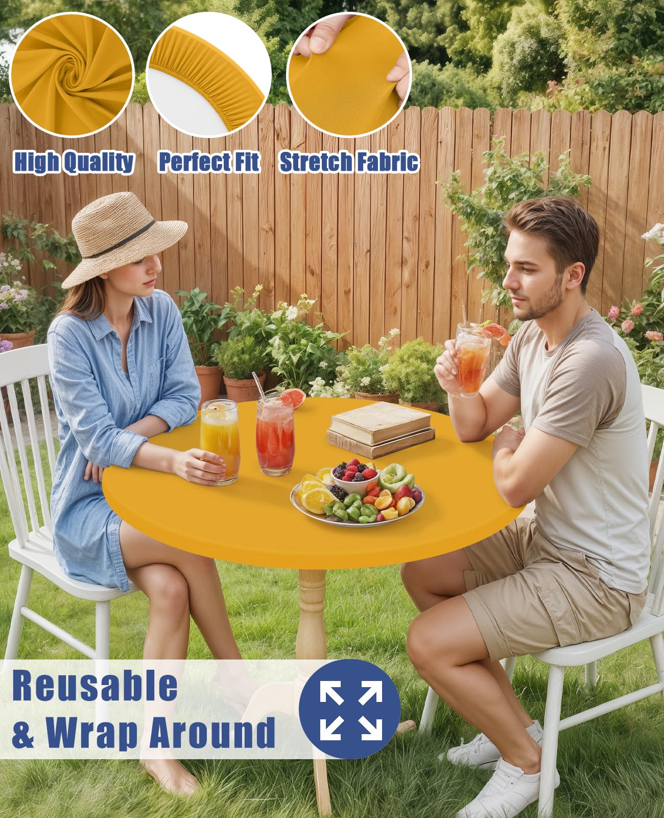 Moosfor Round Spandex Tablecloth, Elastic Fitted Waterproof Tablecloths for 57"-68" Tables, Stretch Washable Picnic Table Cover for Camping, Dining, Indoor and Outdoor, Mustard Yellow