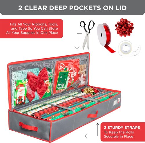 HOLDN' STORAGE Premium Wrapping Paper Storage Container - Durable 600D Tear-Proof Design | Fits 27 Rolls with Extra Pockets for Ribbons & Bows - Ideal for Holiday Use, Grey/Red Trim