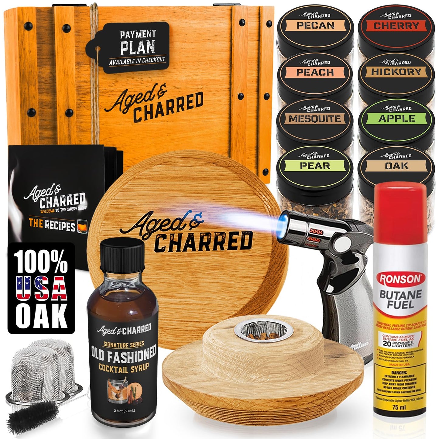Whiskey Cocktail Smoker Kit with Torch, Old Fashioned Syrup & 8 Flavors Wood Chips - Premium USA Oak Smoker - Old Fashioned Smoker Kit - Bourbon Gifts for Men (with Butane)
