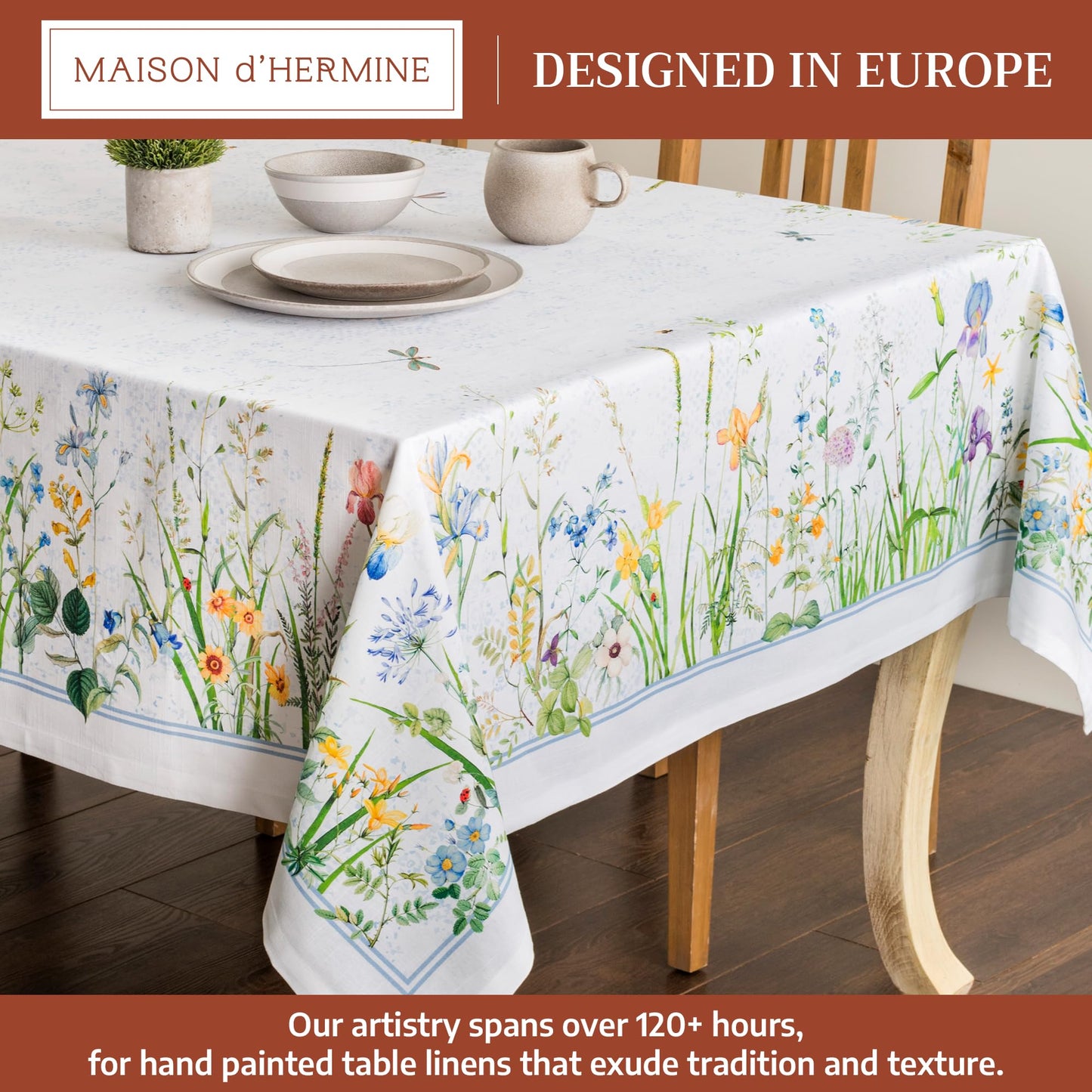 Maison d' Hermine Table Cloth Rectangle Table 100% Cotton 70 x 120 Inches Tablecloth Reusable Decorative for Dining Kitchen Room Farmhouse Home Gifts for Mothers Day Spring Summer - Fleurs De Mai