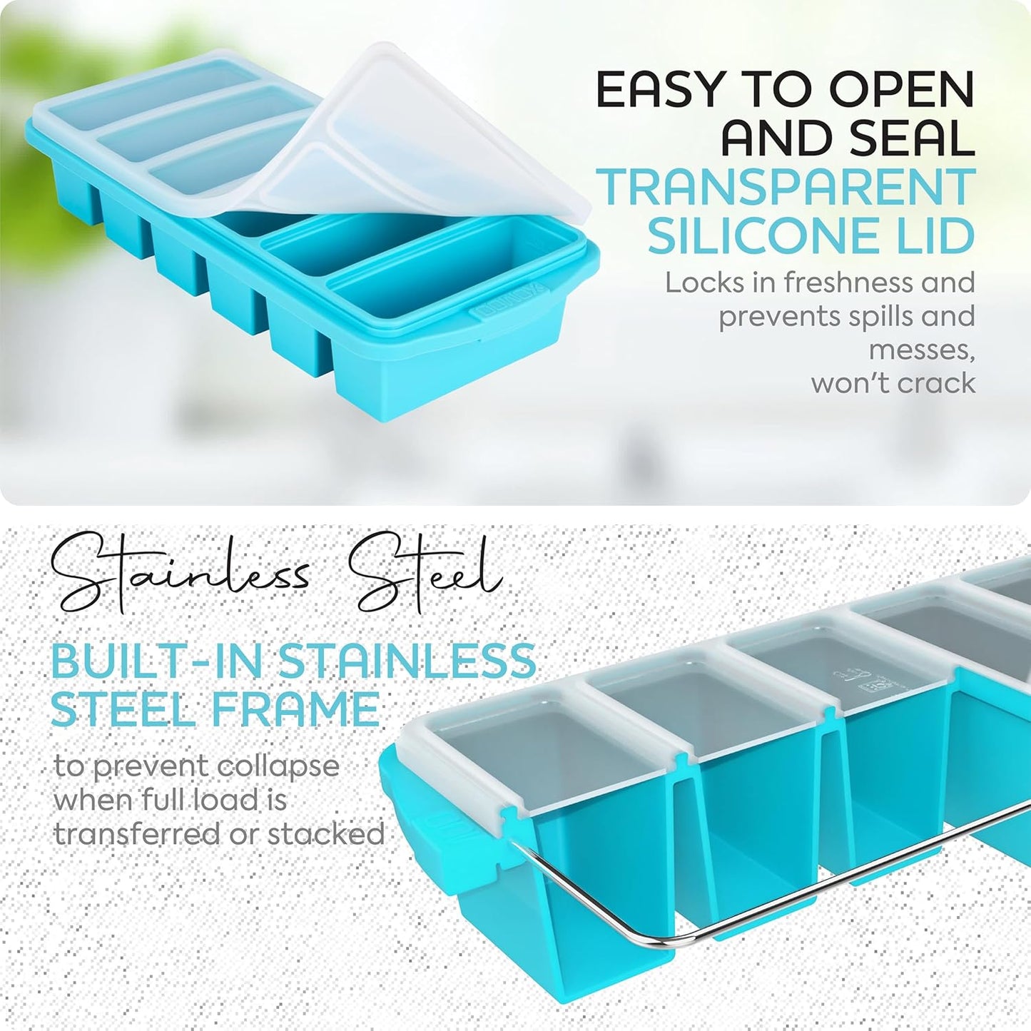 Skiennix 1/2 Cup Silicone Freezer Tray - 2-Pack Meal Prep Molds with Lid | Oven & Dishwasher Safe