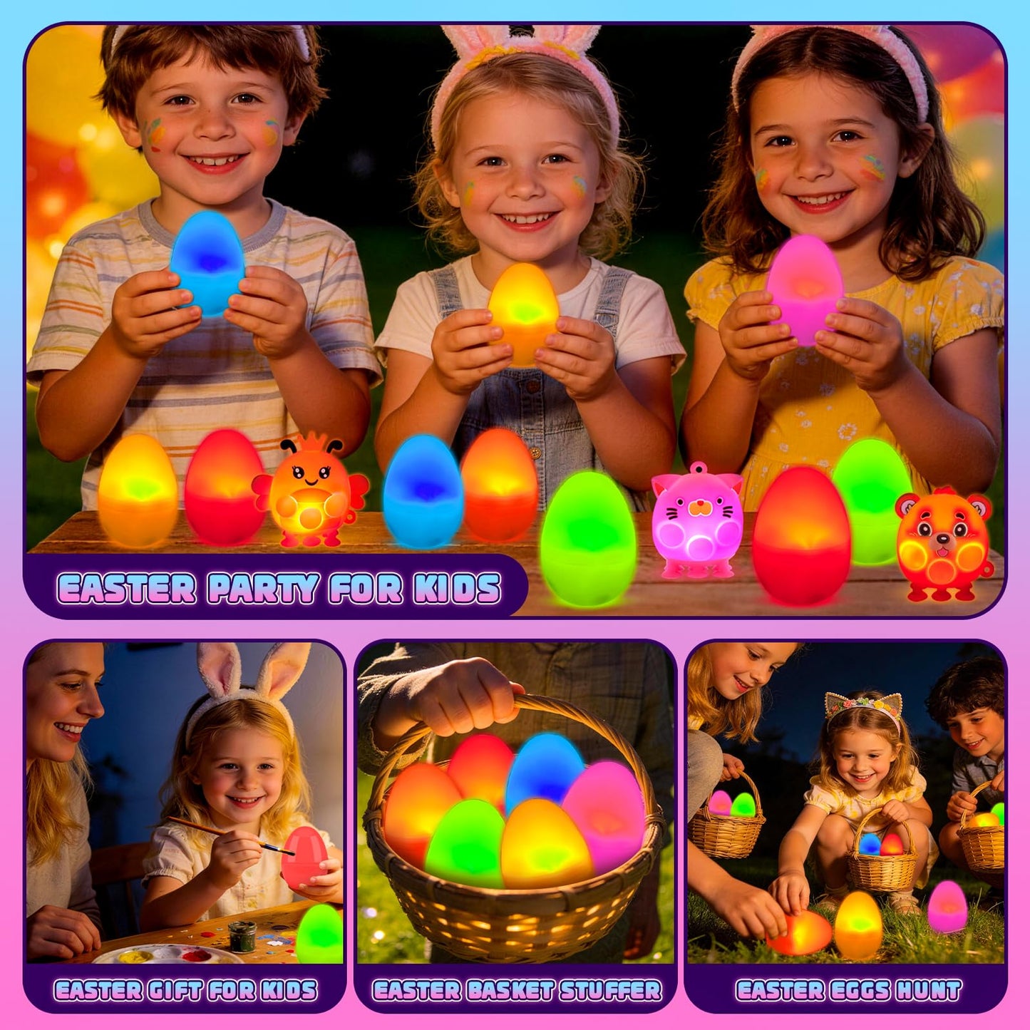 ChildFun Prefilled Easter Eggs with Light Up 3D Animal Pop Toys, 24 Pack Easter Eggs Filled, Easter Basket Stuffers for Toddler Eggs Hunt, Glow in The Dark Easter Egg, Easter Gifts for Kids