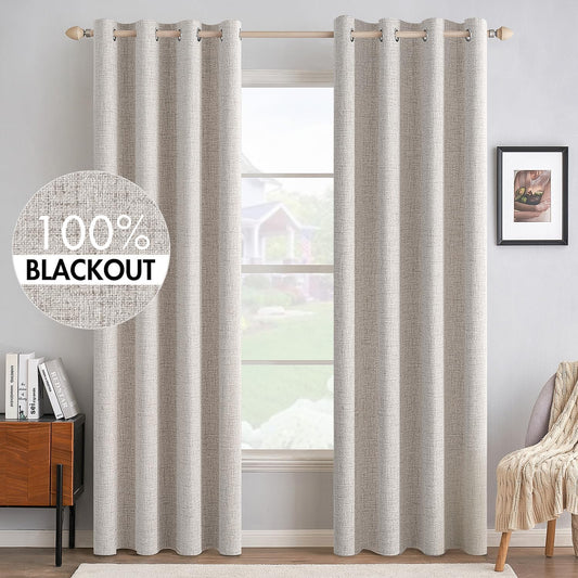 MIULEE 100% Blackout Linen Textured Curtains - Thermal Insulated Ivory Drapes for Bedroom | 52 x 72 Inch (2 Panels)