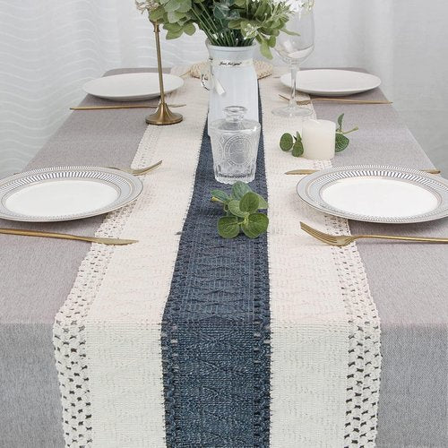 FEXIA Boho Table Runner 108 Inches Long for Home Decor Farmhouse Table Runner Cream & Blue Rustic Macrame with Tassels for Bohemian Dining Bedroom Decor Bridal Shower (12x108 Inches)
