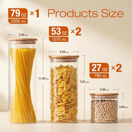 HomArtist Glass Jars - Airtight Bamboo Lids | Multi-Size Set of 5 for Kitchen & Pantry Storage