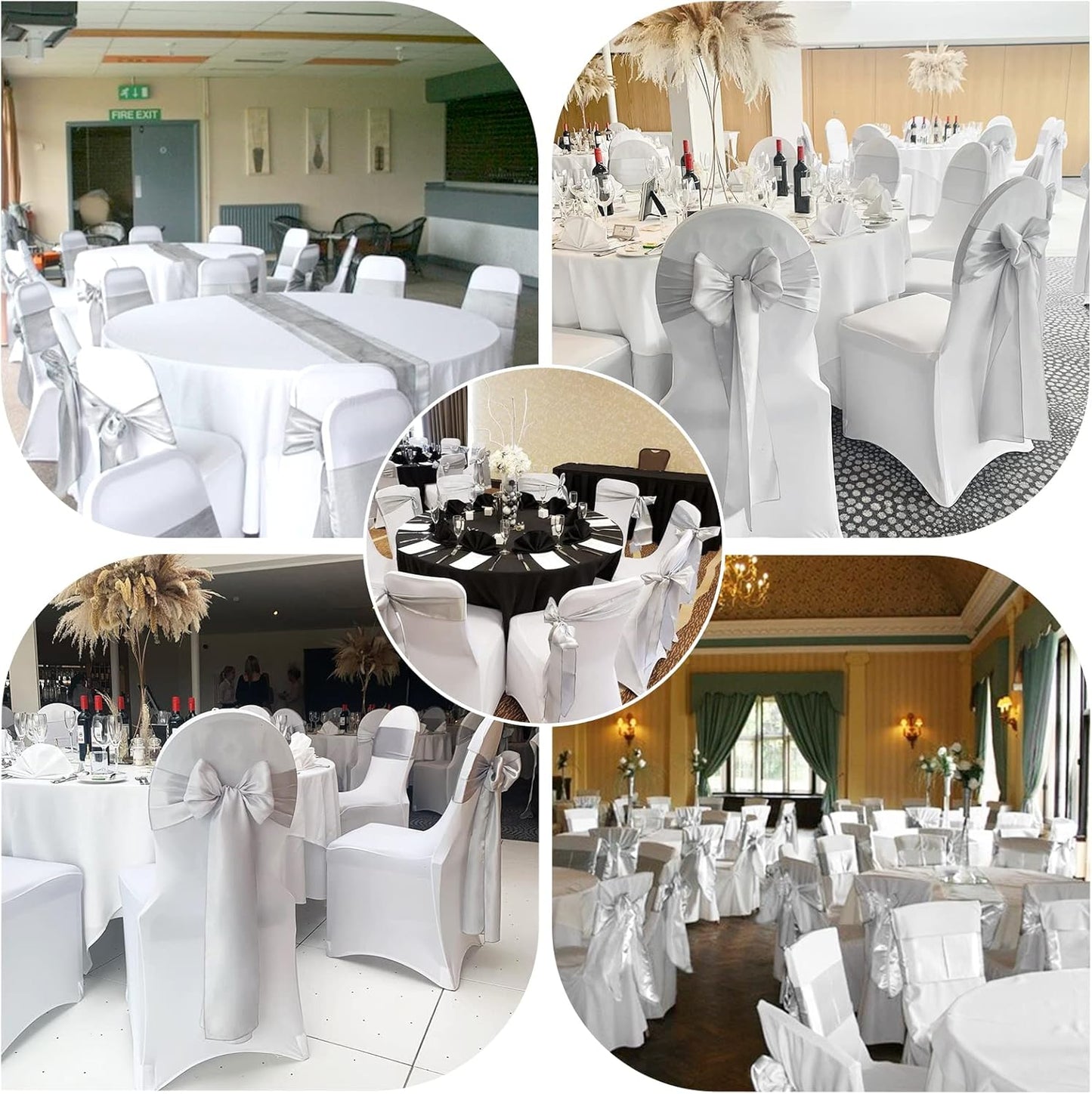 Showgeous Silver Satin Chair Sashes - 60 PCS Decorative Bows for Weddings & Events | 7 x 108 Inch