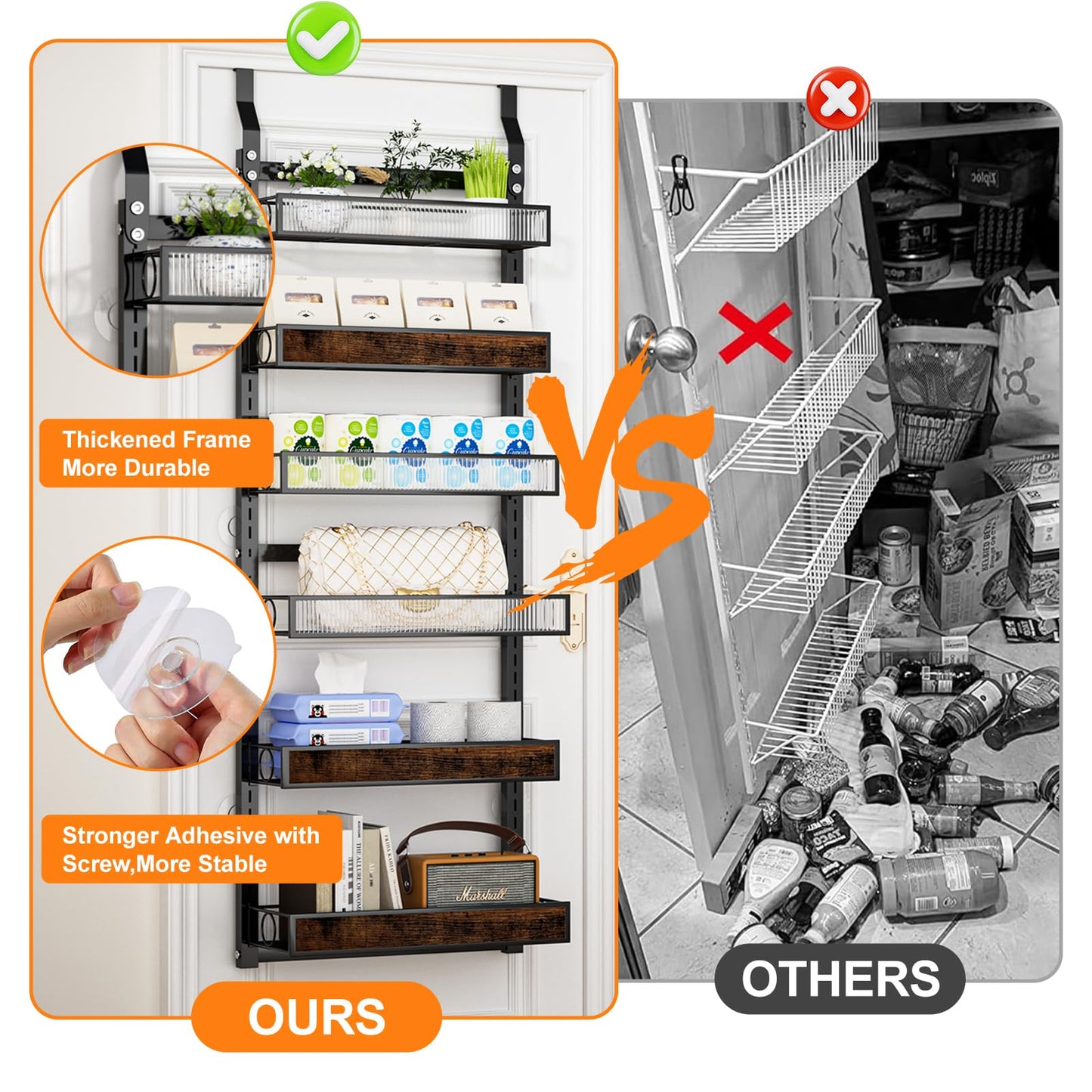 6 Tier Pantry Door Organizer Spice Rack, 2-IN-1 Wall Mount or Hanging Over Door Seasoning Organizer with Adjustable Baskets, Heavy Duty Behind Door Storage Shelves for Pantry, Cabinet and Kitchen