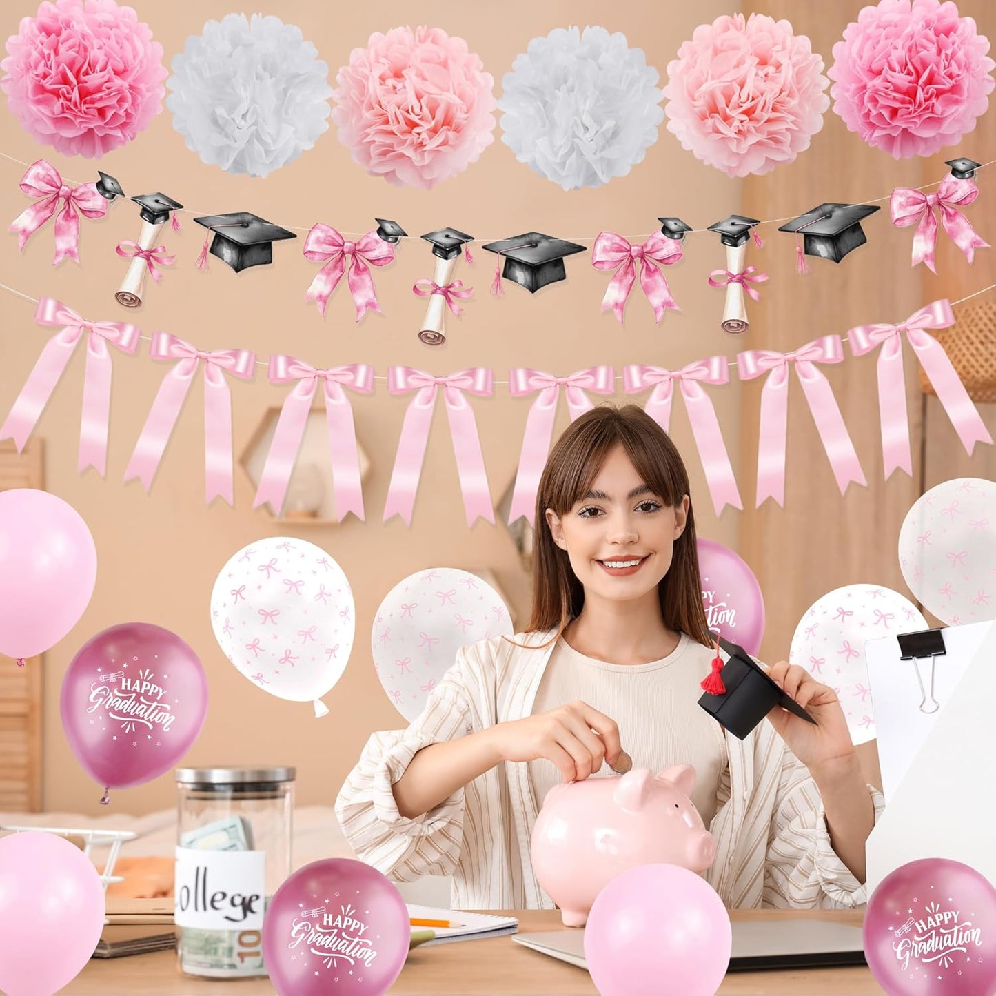 Regine Switzerland Pink Bow Graduation Party Decorations - 22PCS Banner & Balloon Set for 2026 Grads
