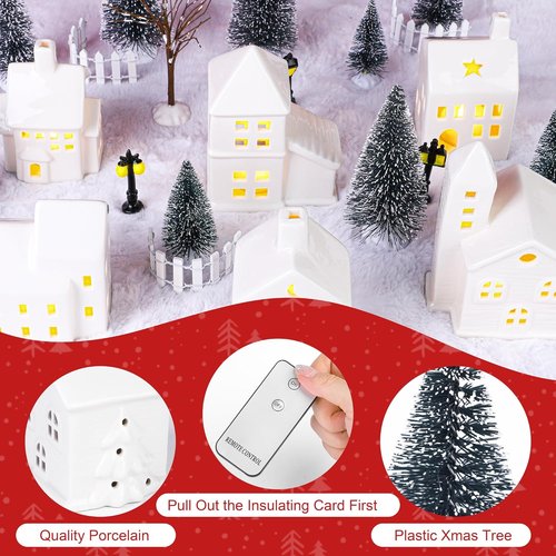 Fovths Christmas Village Set - 37-Piece Lighted Porcelain Houses with Remote Control LED Tealights | Winter Decor