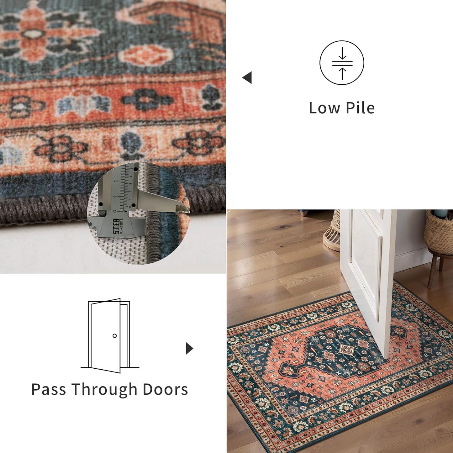 Tangsoo Vintage Small 2x3 Rug - Washable Non-Slip Entryway Mat in Boho Red & Blue Design