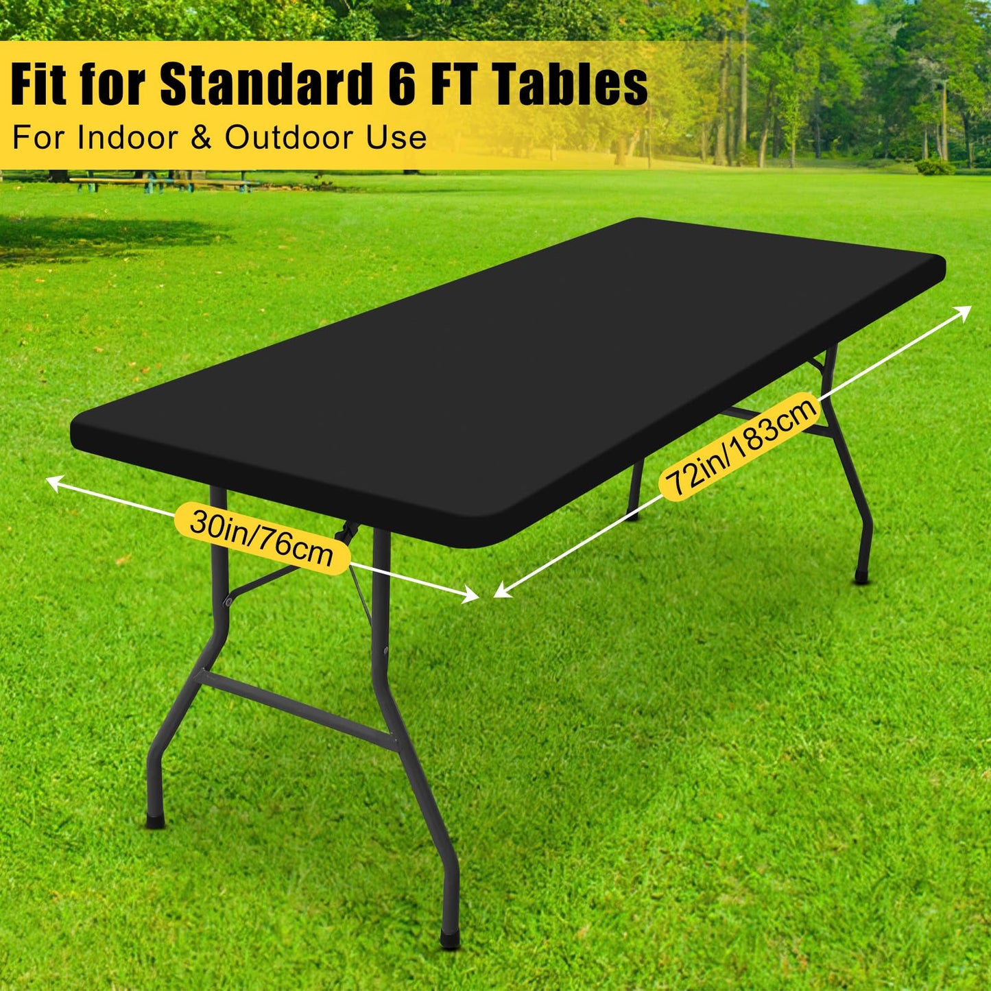 Smiry Rectangle Tablecloth, Elastic Fitted Flannel Backed Vinyl Tablecloths for 6ft Folding Tables, Waterproof Wipeable Table Covers for Indoor, Outdoor, Picnic and Camping (Black, 30"x72")