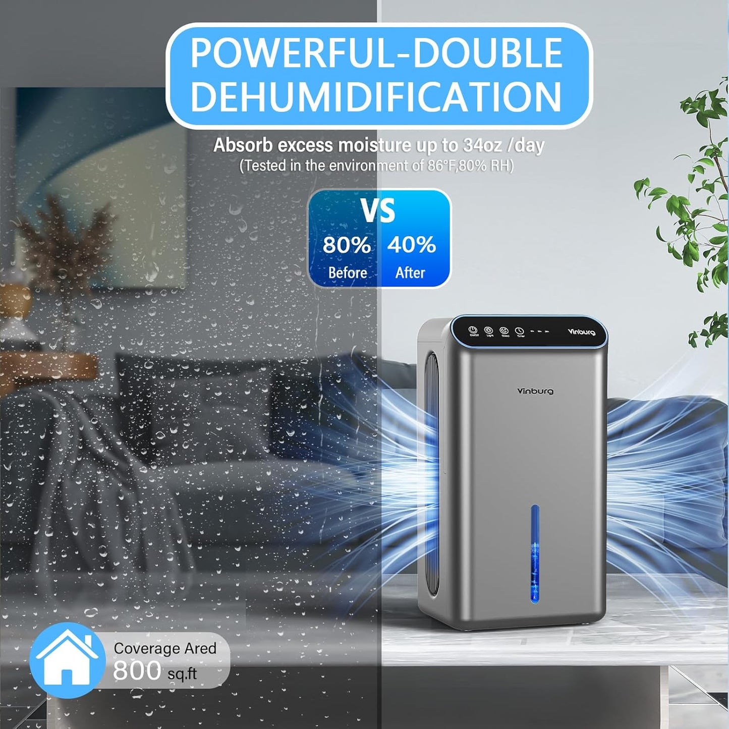 Skiennix Dehumidifier - Quiet 1000 Sq.Ft. Home Unit with Auto Shut Off & Aromatherapy | 7-Color LED Light