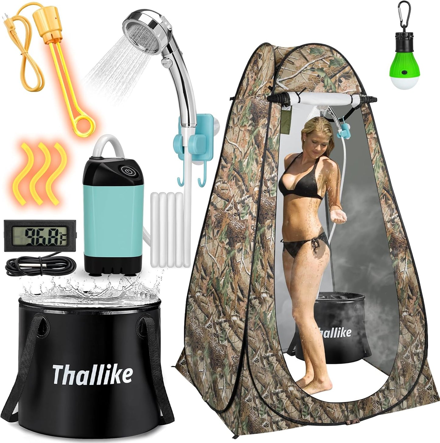 Skiennix Portable Hot Shower - 1000W Immersion Heater & Rechargeable Pump | 6.6 Gallon Camping Kit