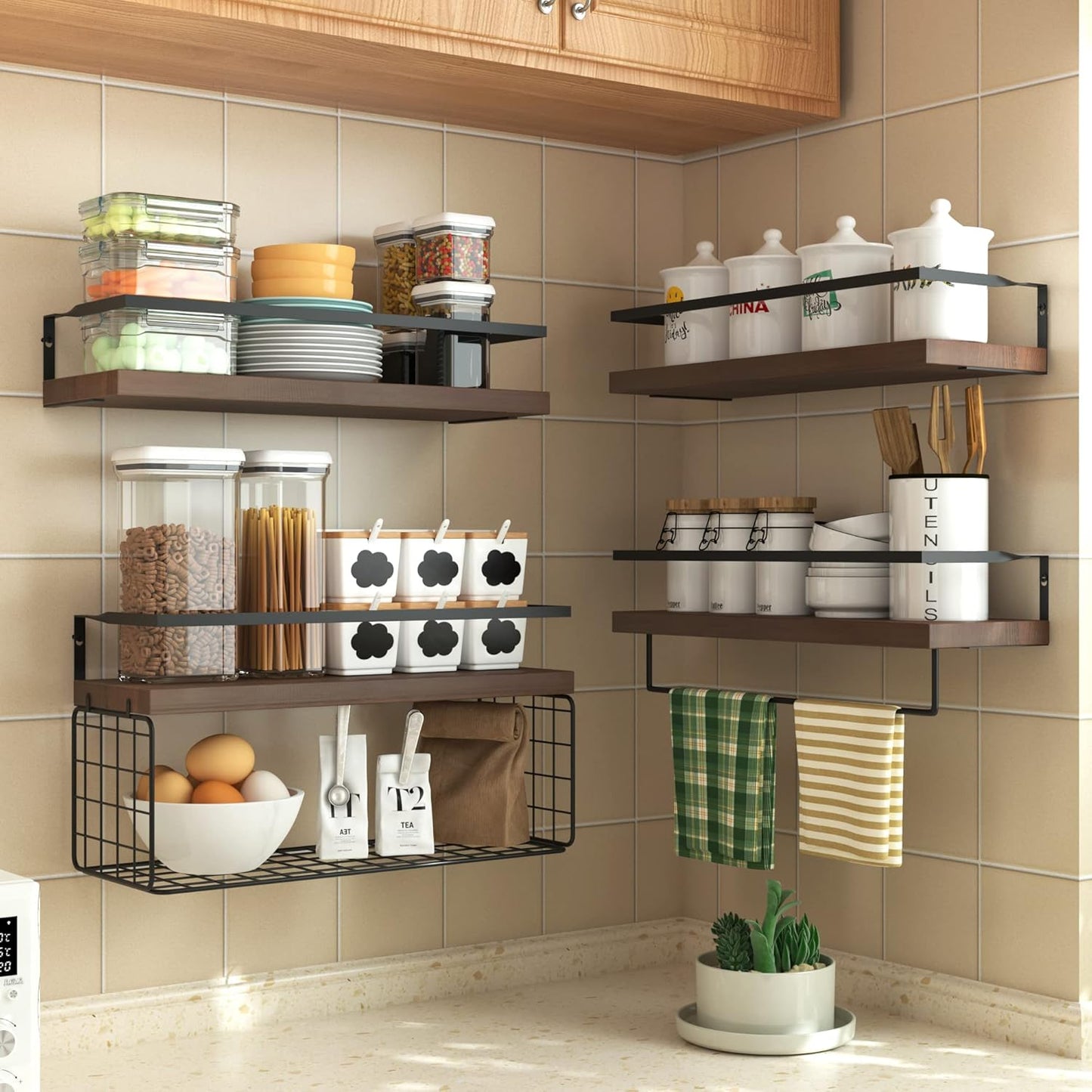 Wood Floating Shelves - Rustic 4-Tier Wall-Mounted Bathroom Shelves with Wire Basket & Towel Bar