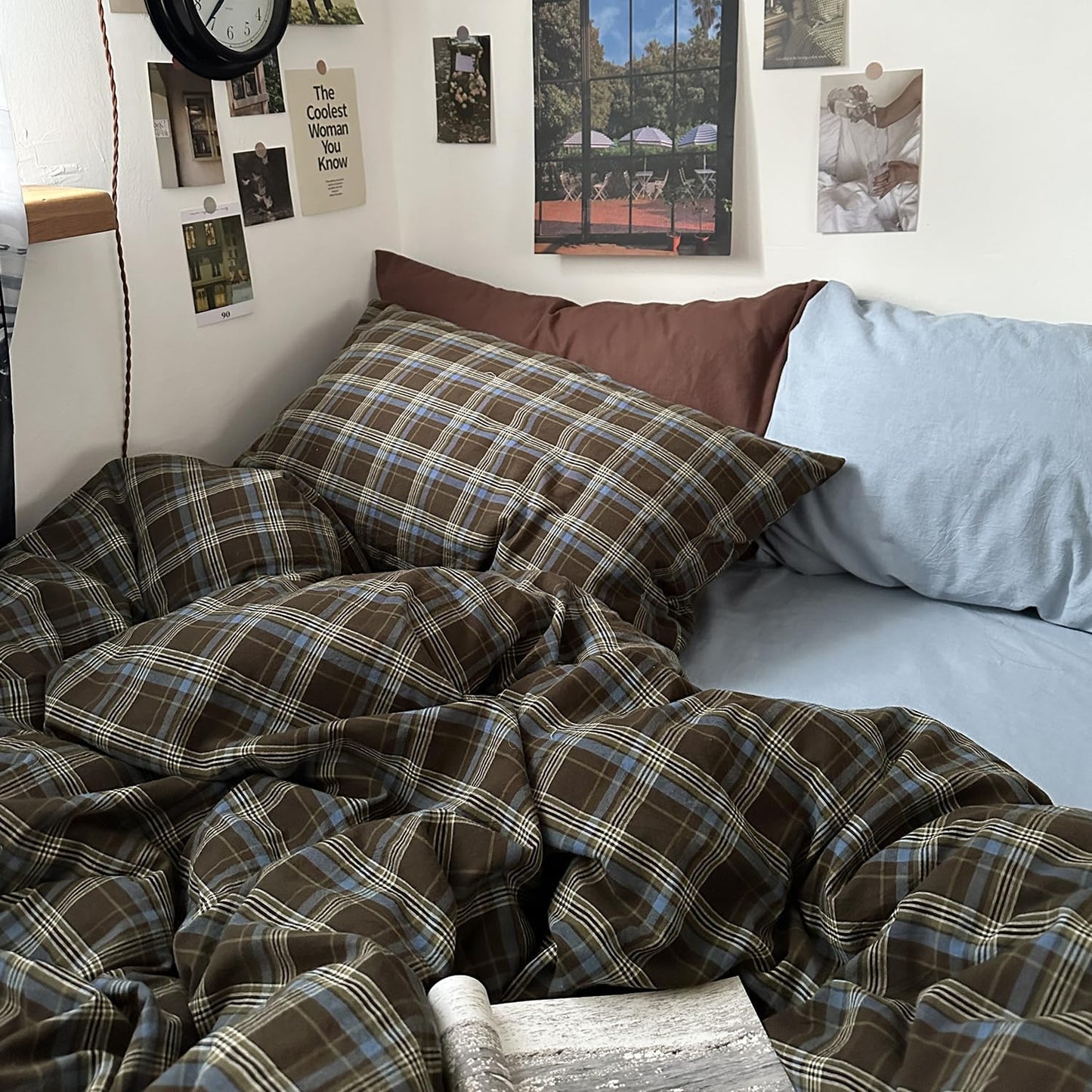 Mixinni Vintage Buffalo Plaid Duvet Cover Set | Soft & Breathable 3-Piece Queen Size Bedding in Brown & Blue