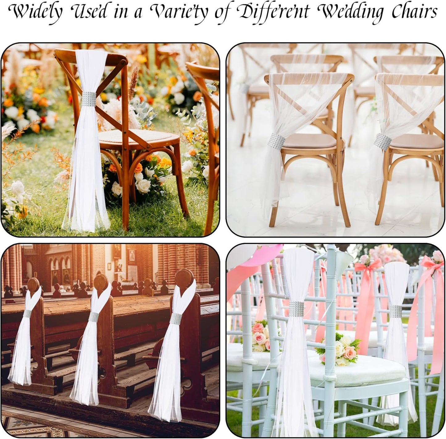 Skiennix 26 Sets Large White Pew Bows - Tulle Wedding Aisle Chair Decorations for Outdoor Ceremonies