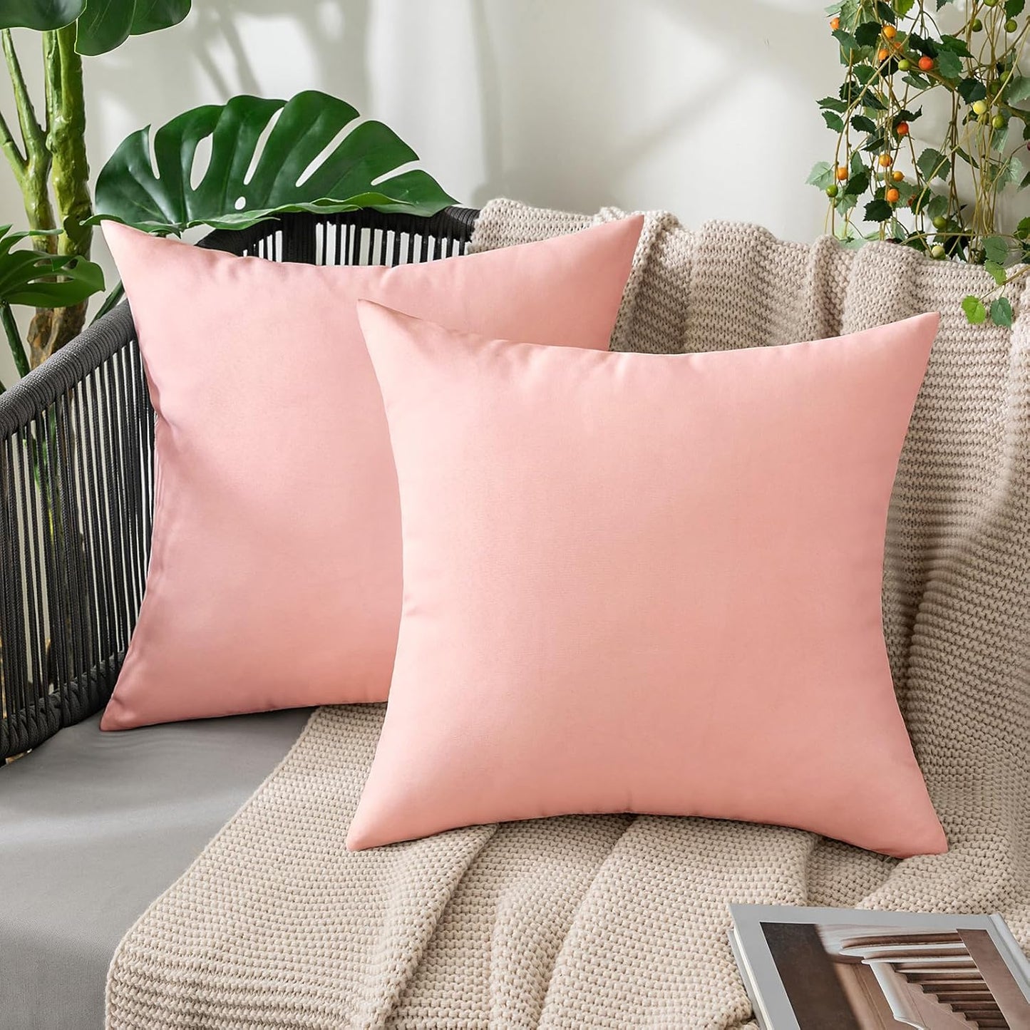 MIULEE Decorative Outdoor Throw Pillow Covers - Waterproof Faux Linen Cushion Cases | 18x18 Inch Light Pink (Pack of 2)
