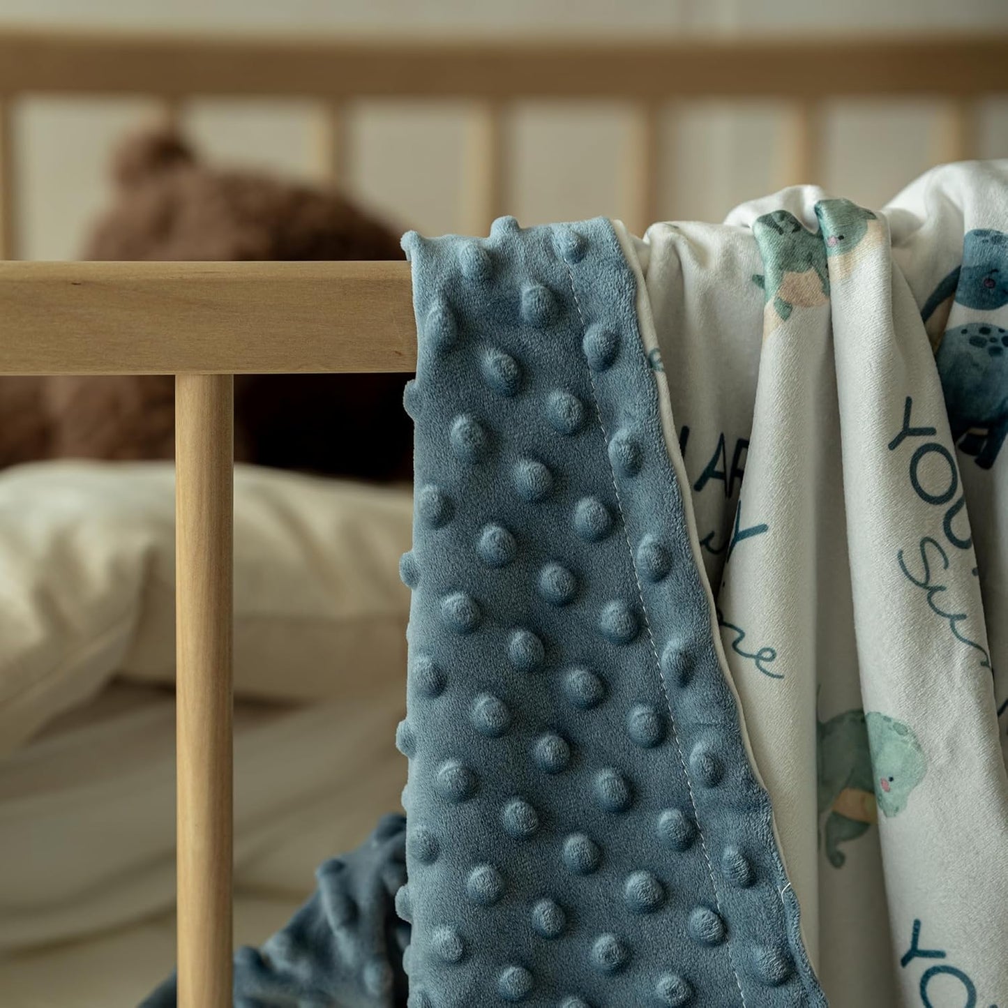 Skiennix Dinosaur Baby Blanket - Super Soft Minky Nursery Throw with Double Layer Dotted Backing | Blue (30" x 40")