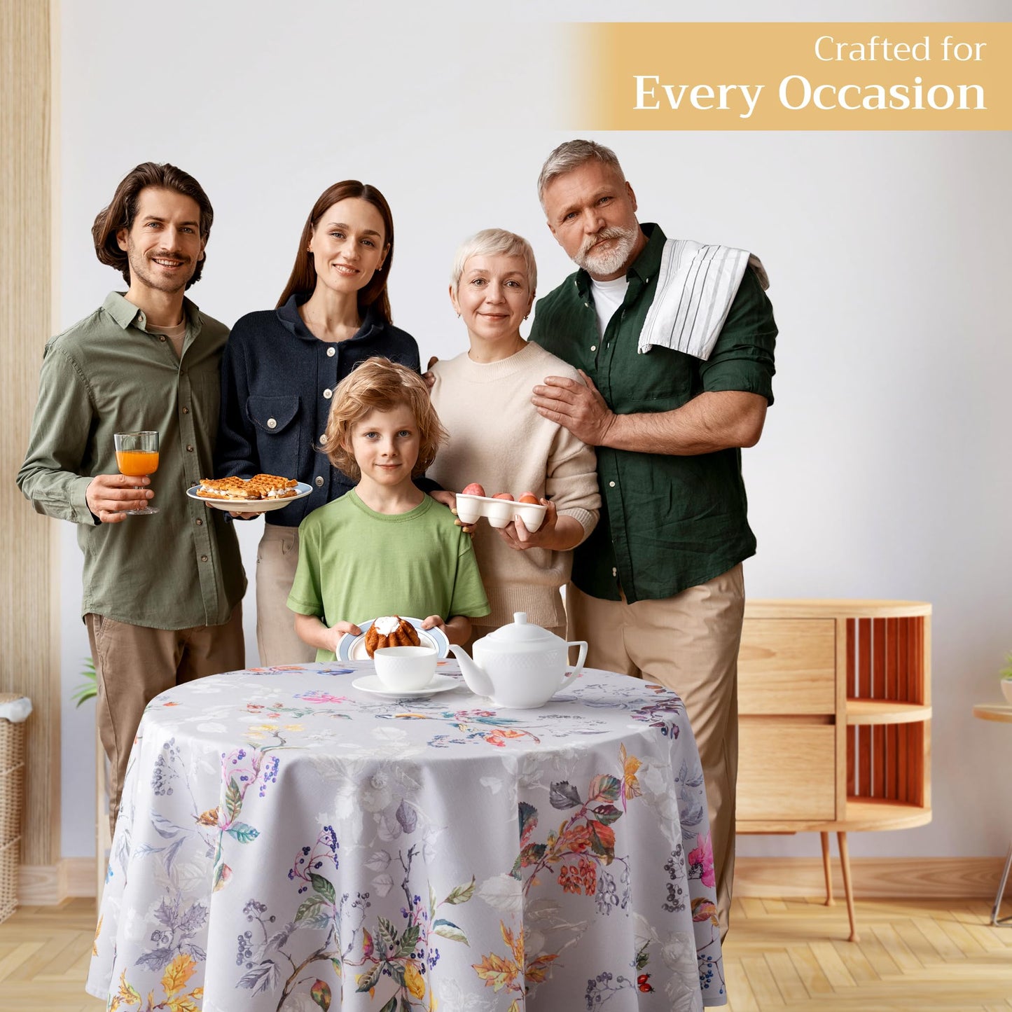 Maison d' Hermine Table Cloth Round Table 100% Cotton 63 Inches Fall Tablecloth Reusable Everyday Use for Thanksgiving Christmas Decorations Dining Farmhouse Party (Equinoxe - Grey)