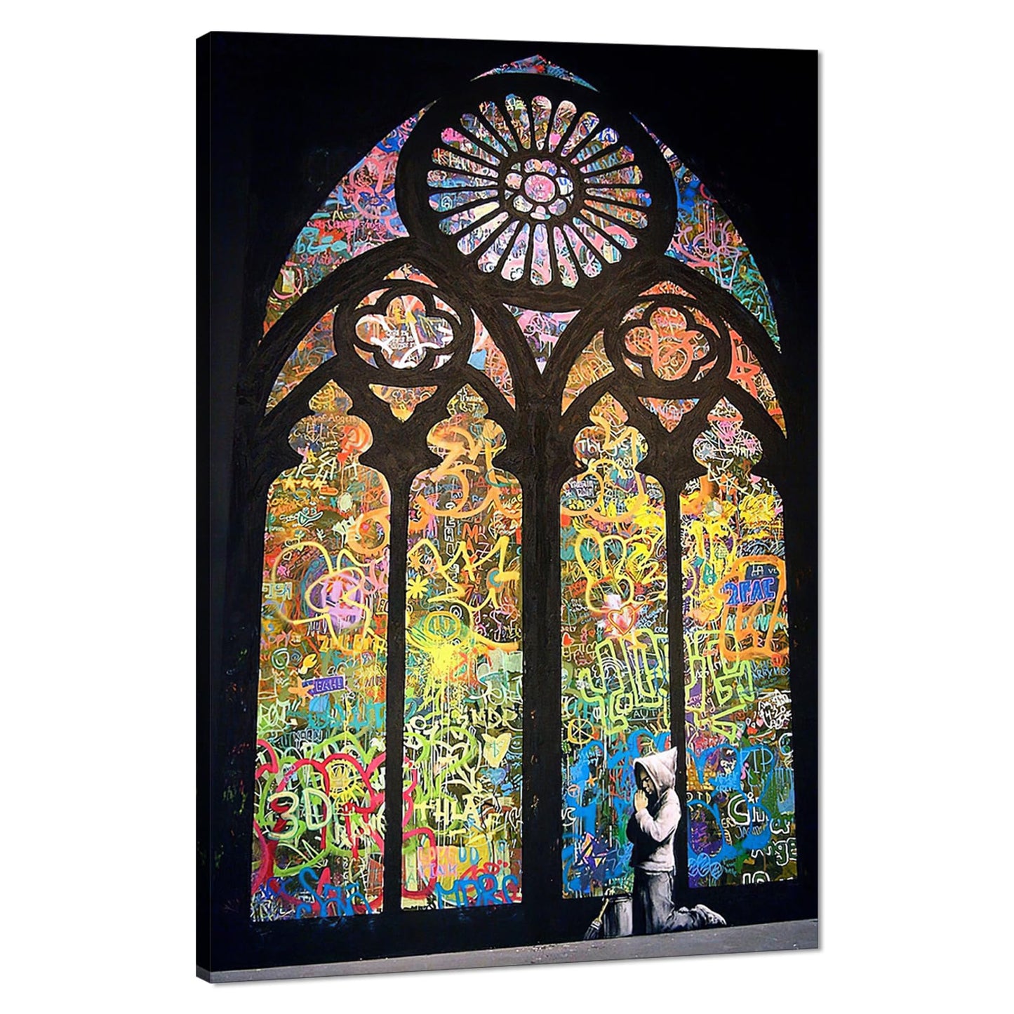 Banksy Wall Art Graffiti Street Painting on Canvas The Boy Praying in Church Prints Pictures for Modern Home Decoration, Framed 36''W x 24''H