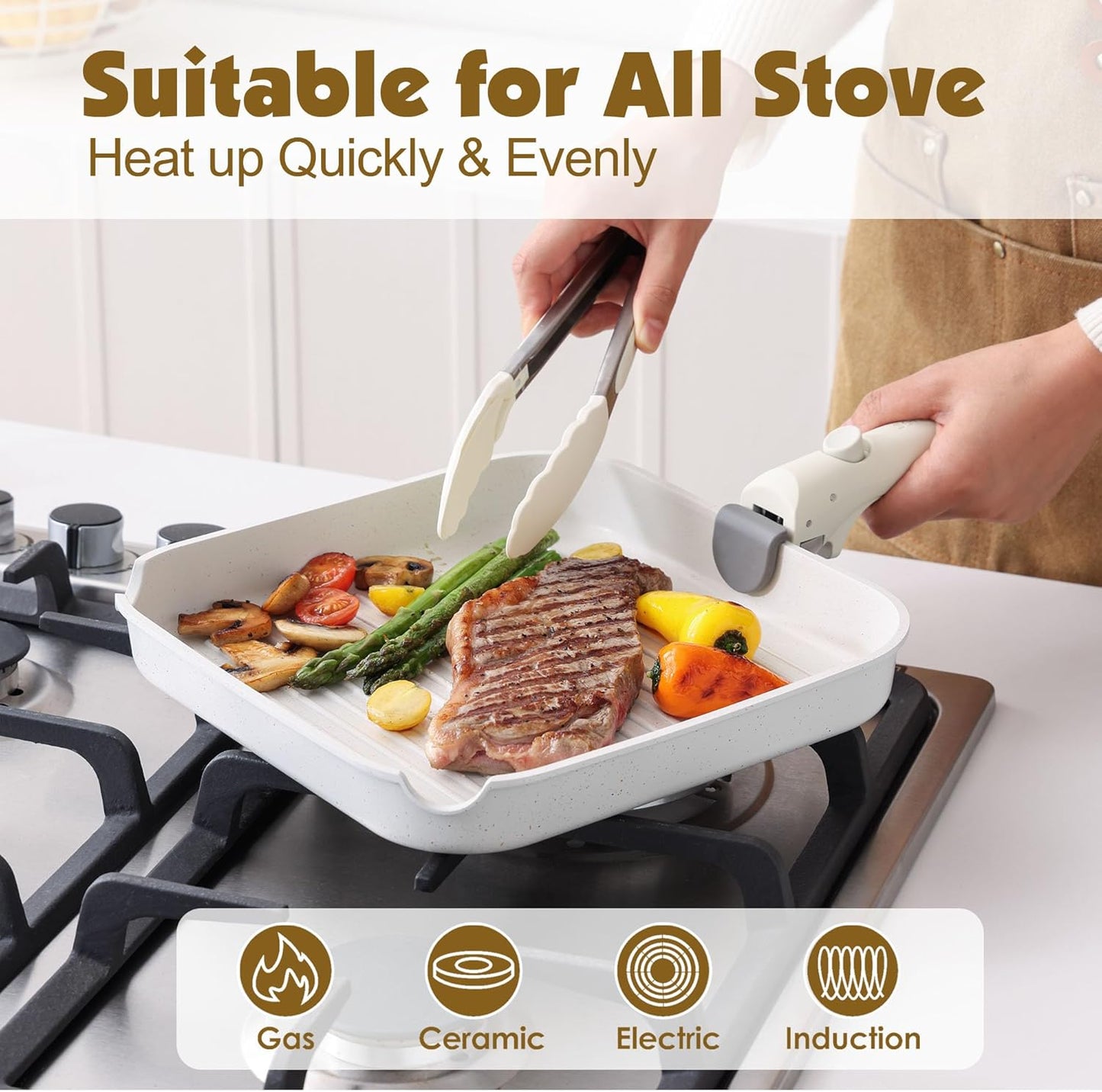 SENSARTE 17-Piece Nonstick Cookware Set - Induction Ready with Detachable Handles | PFOA Free, Dishwasher & Oven Safe (White)