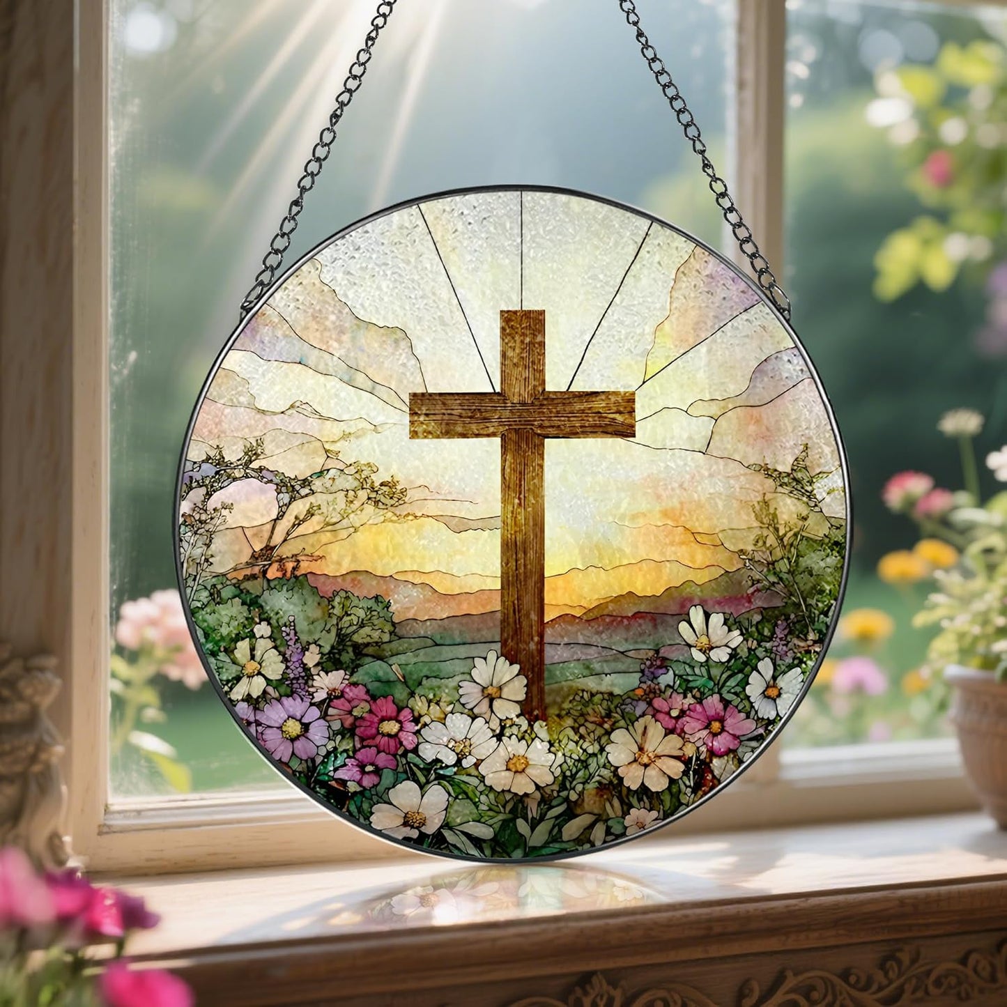 Skiennix 8-Inch Stained Glass Cross Suncatcher - Beautiful Wildflower Design for Easter & Home Decor