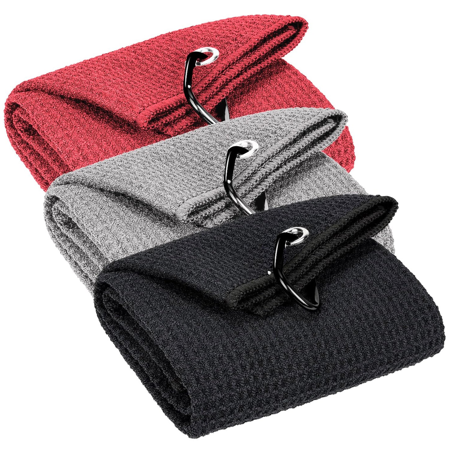 Solvora 3 Pack Golf Towels - 16"x24" Tri-Fold Waffle Microfiber Golf Towel for Golf Bag/Golf Cart, Heavy-Duty Carabiner & Ultra Absorbent Fabric to Wipe Sand, Mud & Sweat (Black/Grey/Red)