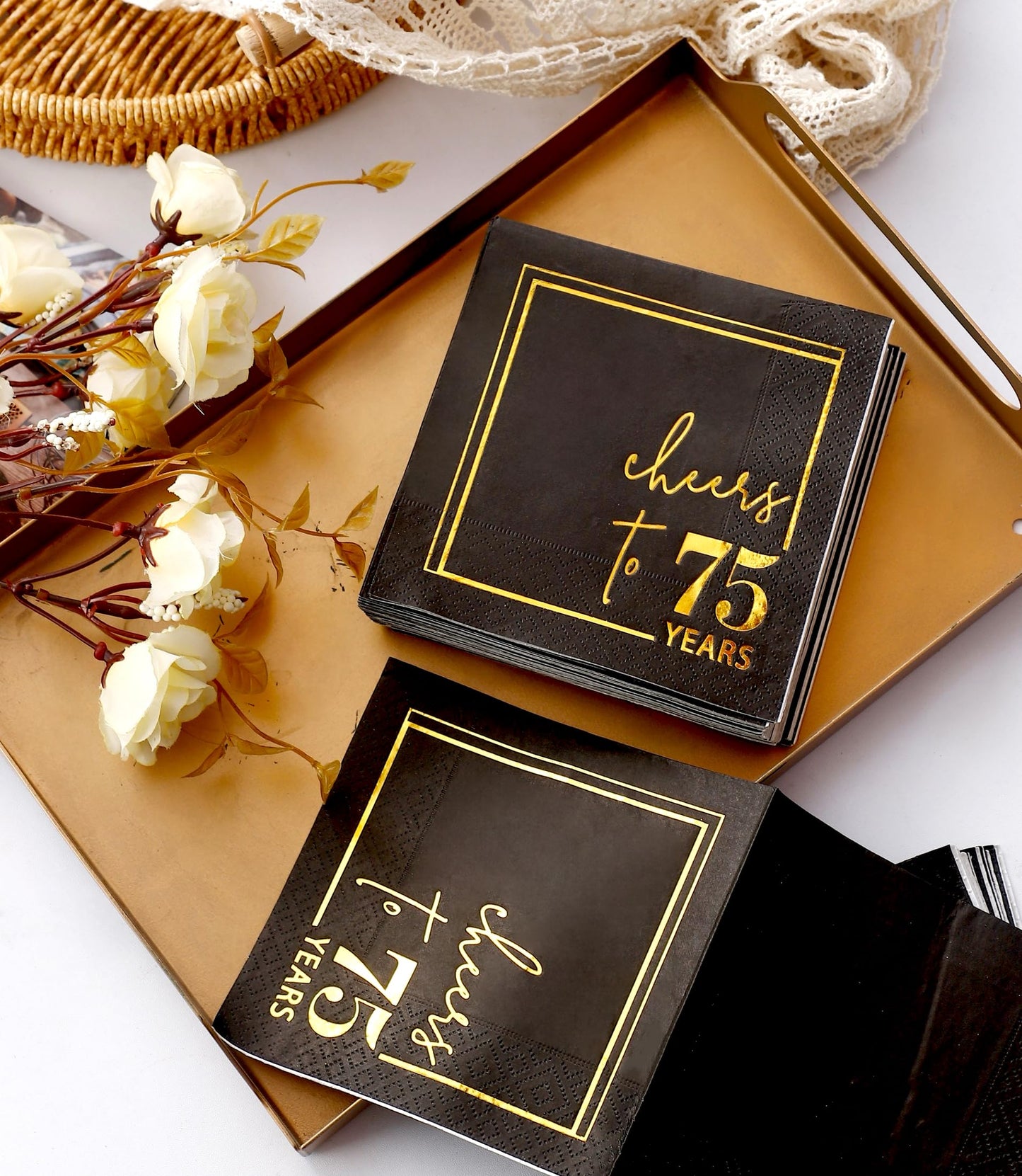 Cheers to Years Cocktail Napkins - 50 PK - 3-Ply Birthday Napkins 5x5 Inches Disposable Party Napkins Beverage Paper Napkins or Birthday Decorations Wedding Anniversary Black and Gold (75 Years)