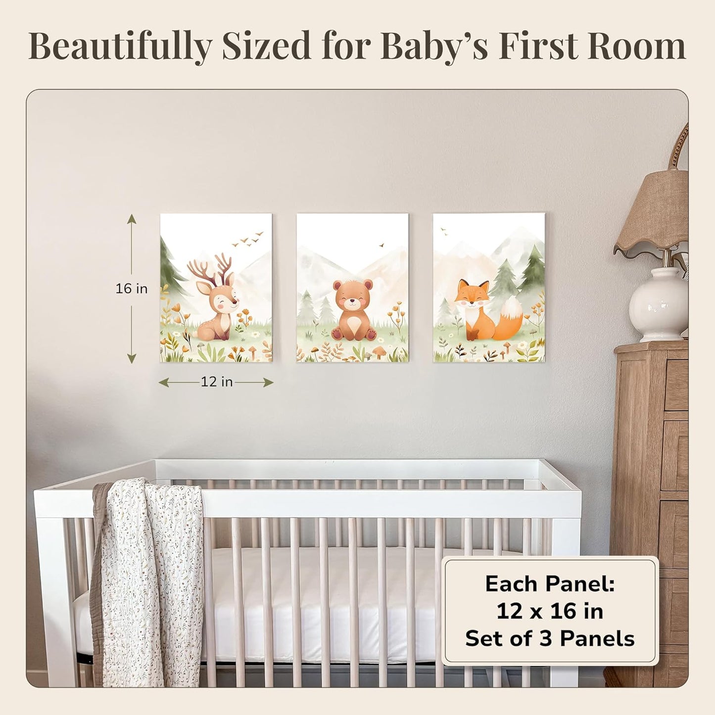 Woodland Nursery Wall Art - Set of 3 Neutral Animal Canvas Prints | 12x16 Inch Framed Decor for Baby Rooms