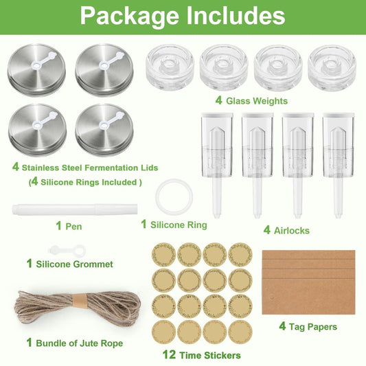 4-Pack Fermentation Kit for Wide Mouth Mason Jar, Included 4 Glass Fermenting Weights, 4 fermentation Lids, 4 Airlocks, 5 Silicone Rings, 5 Silicone Grommet, Pen Stickers Rope (Jars not Included)
