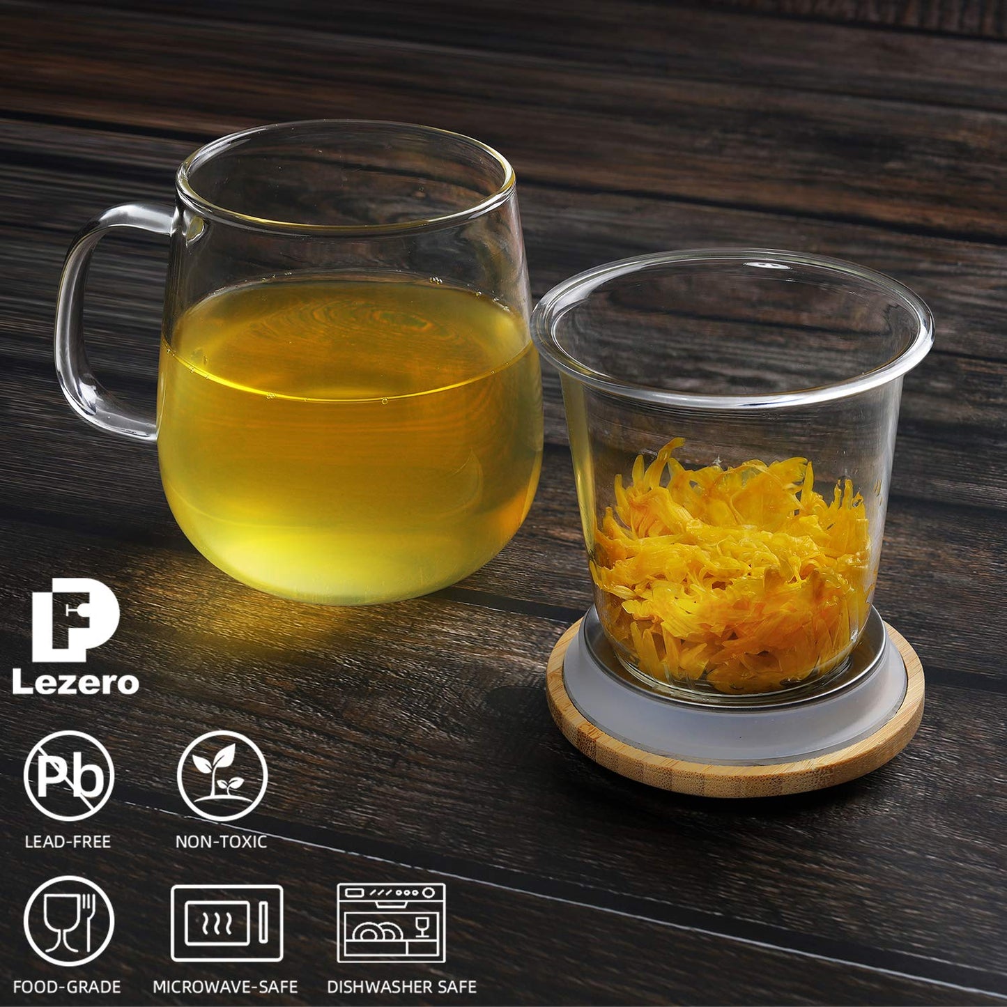 Lezero 15oz Tea Infuser Cups with Strainer and Lid, Glass Filter Mugs Brewing Kit for Loose Leaf-Tea & Blooming, Heat Resistance, Lead-free, Microwave & Dishwasher Safe