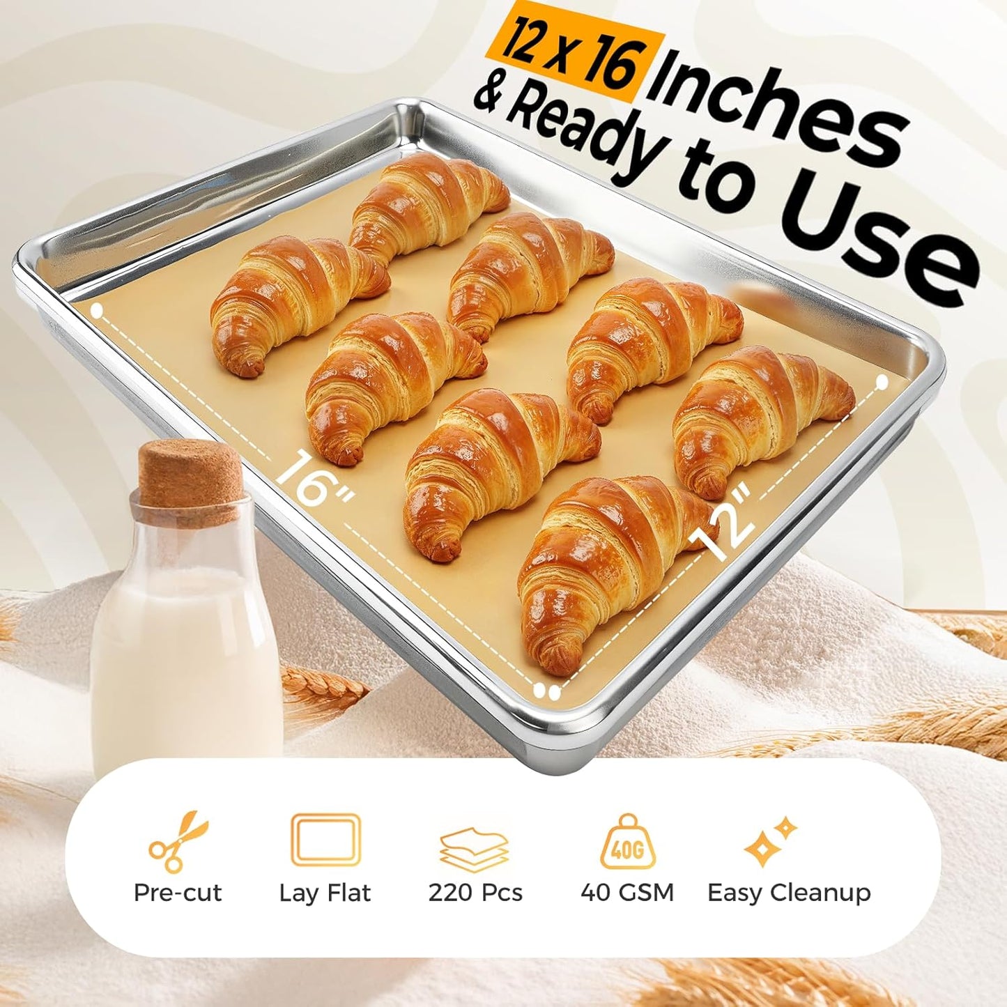 Vailnd Unbleached Parchment Paper Sheets - 220 Pcs Non-Stick Baking Paper, 12'' X 16'' Size | Perfect for Cookies, Bread & Air Frying