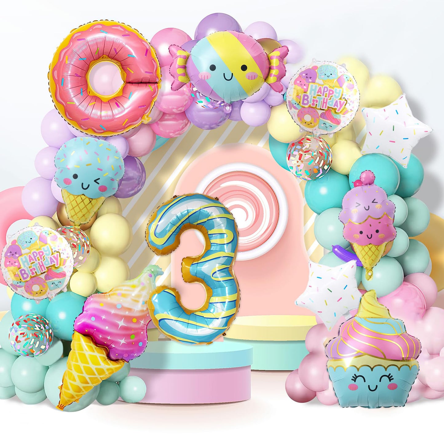 10Pcs Ice Cream Balloons, Donut Candy Birthday Number Mylar Foil Balloon Ice Cream Theme 3rd Birthday Party Supplies Decorations
