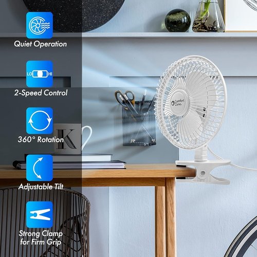 Comfort Zone 6-Inch Corded Clip-On Fan - 2-Speed Quiet Desk Air Circulator with 360° Rotation & Adjustable Tilt
