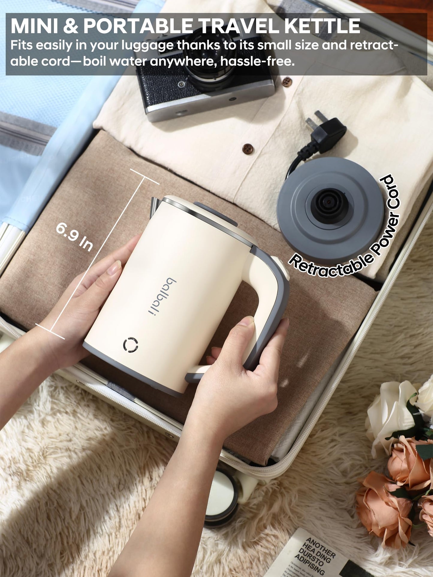 Portable Electric Kettle, 27oz Mini Travel Kettle for Camping & Office, 600W Fast Boiling, Compact Personal Small Kettle with Auto Shut-Off, Stainless Steel Interior, Beige