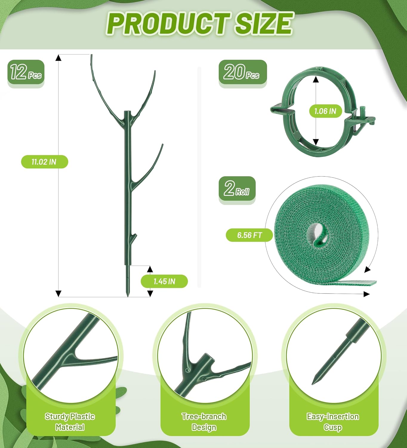 Skiennix Plant Support Stakes - 6 Stackable Poles with 20 Clips & Tie for Monstera Climbing Plants, Green