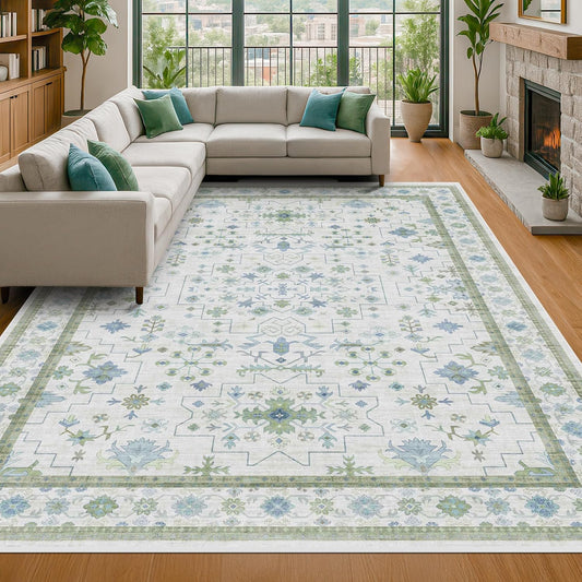 Skiennix Large 8x12 Area Rug - Washable Non-Skid Geometric Floral Design for Living Room & Bedroom