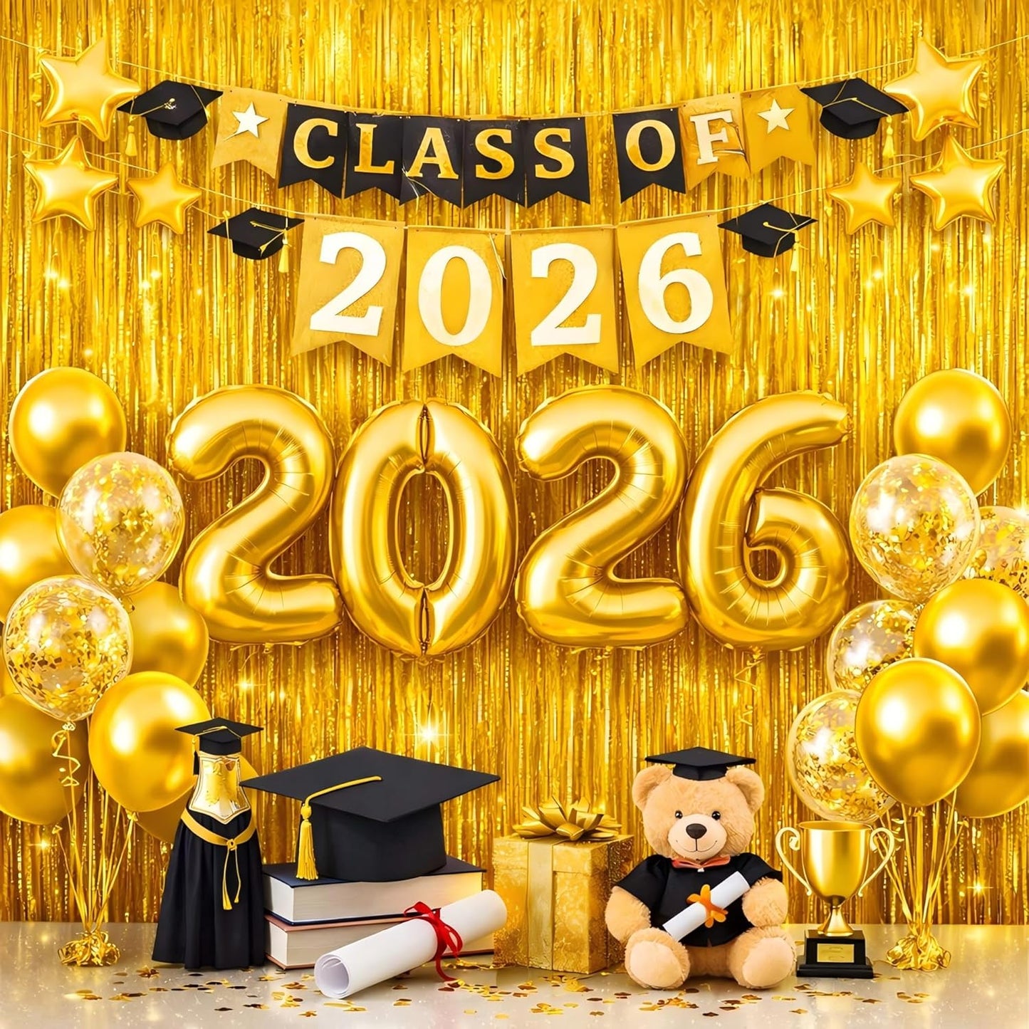 Melsan Graduation Decorations 2026 - Gold Foil Fringe Curtains | 3 Pack 3.2 x 8.2 ft Party Backdrop