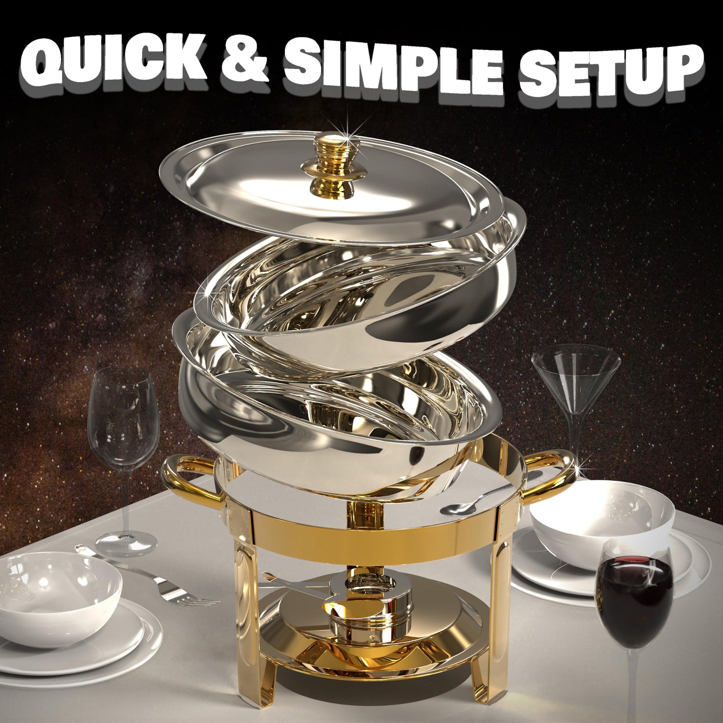 Trivico Chafing Dishes for Buffet Set,4 Pack 6QT, Easy 30-Second Lid Assembly Stainless Steel Food Warmers for Catering, Parties & Events, Gold Colors Chafing Dish Buffet Set