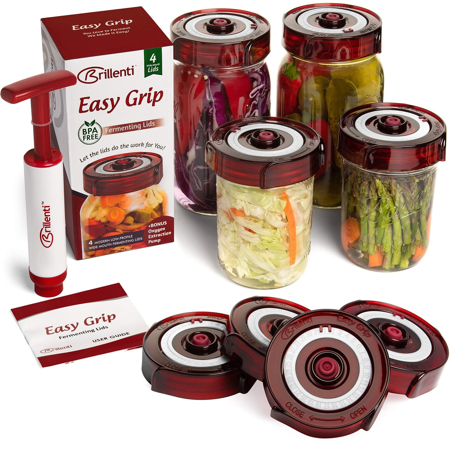 Fermenting Lids for wide mouth mason jars. 4 waterless airlock fermentation lids kit. Easy Grip fermenter lid with Oxygen Pump automatically Vents air. Tracks ferment date. (4 Lids + Pump)